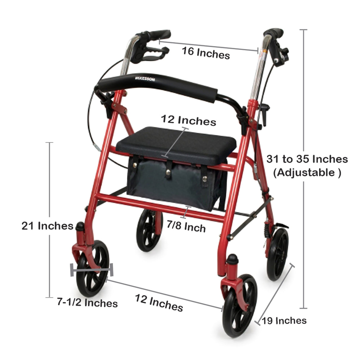4 Wheel Rollator McKesson Red Adjustable Height / Folding Steel Frame - BeHope