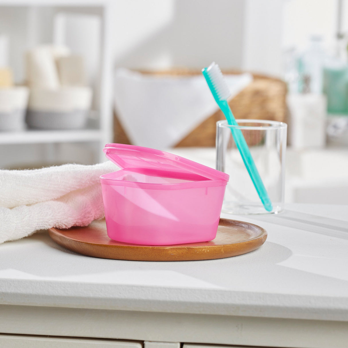 McKesson Denture Cup 8 oz. Pink Hinged Lid Single Patient Use - BeHope