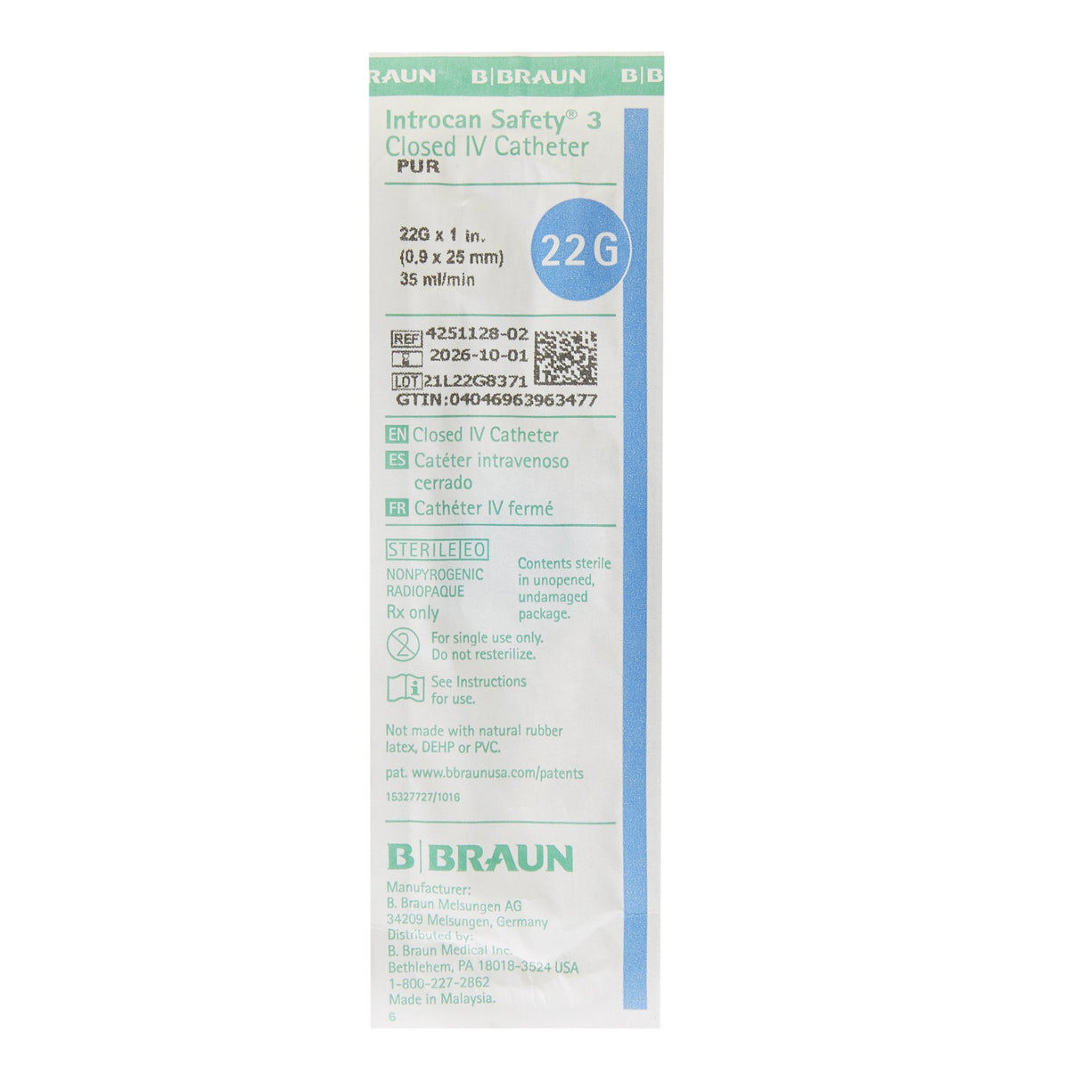 Closed IV Catheter Introcan Safety® 3 22 Gauge 1 Inch Polyurethane Winged Hub Blood Control Passive Safety - BeHope