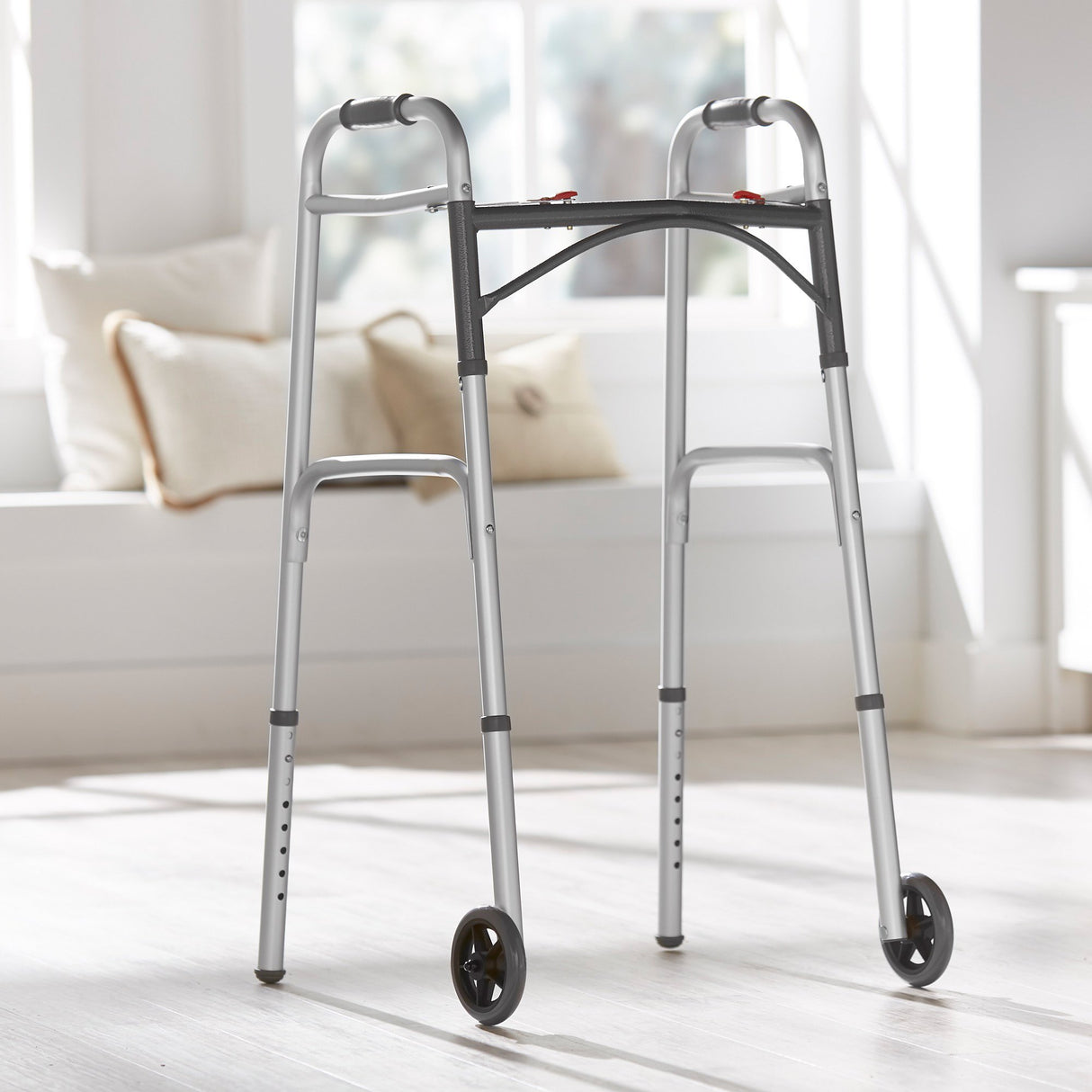 Dual Release Folding Walker with Wheels Adjustable Height McKesson Aluminum Frame 350 lbs. Weight Capacity 32 to 39 Inch Height - BeHope