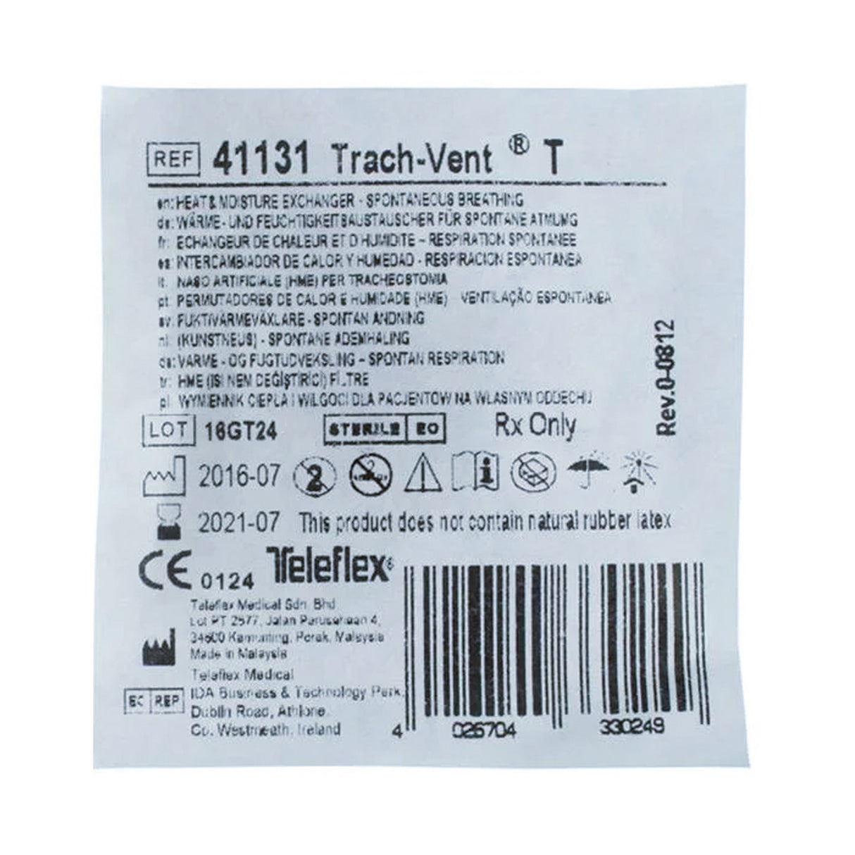 Heat and Moisture Exchanger-Trach Teleflex 32 mg H₂O/L @ VT 500 mL 0.33 cm H₂O @ 30 LPM - BeHope