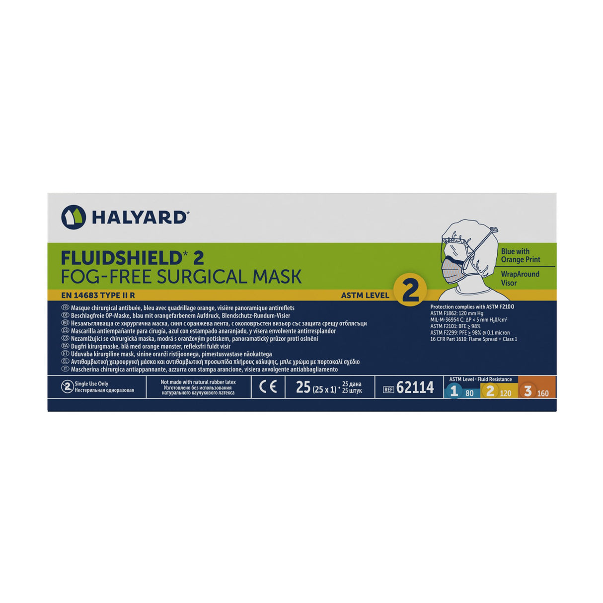 Surgical Mask with Eye Shield FluidShield Anti-fog Foam ASTM F2100-11 Level 2 Tie Closure One Size Fits Most - BeHope