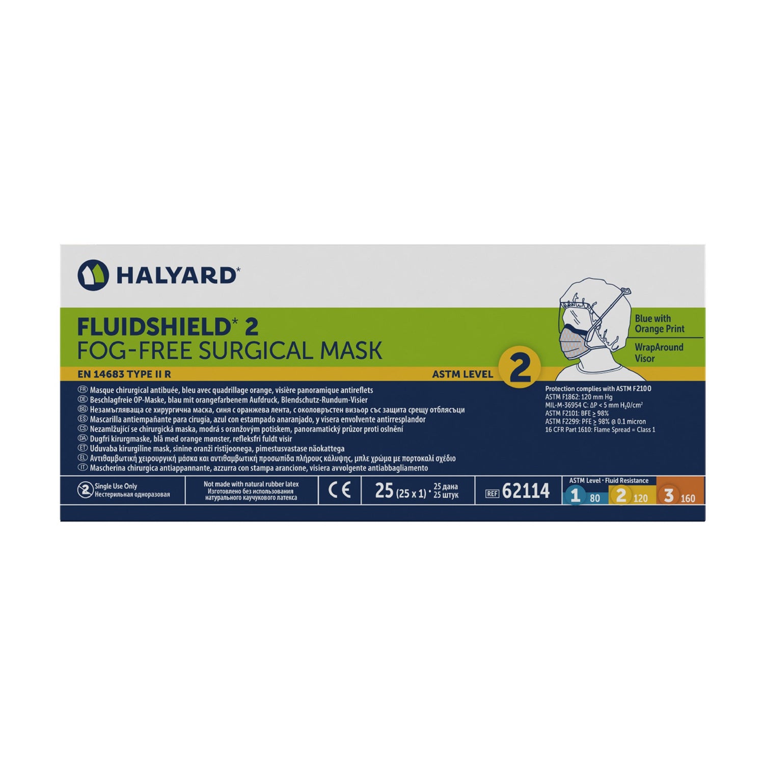 Surgical Mask with Eye Shield FluidShield Anti-fog Foam ASTM F2100-11 Level 2 Tie Closure One Size Fits Most - BeHope