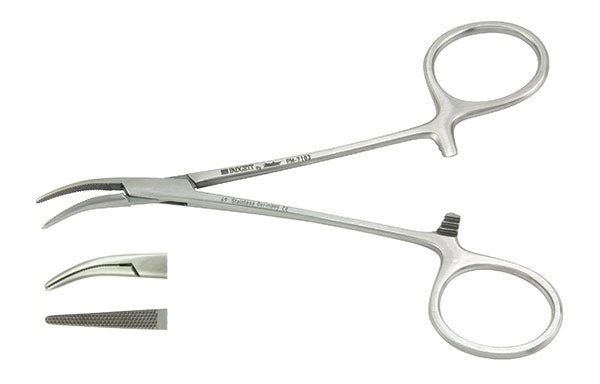 Hemostatic Forceps Padgett® Dandy 4-3/4 Inch Length OR / Surgical Grade German Stainless Steel NonSterile Locking Finger Ring Handle Curved to Side Cross Serrated Tips - BeHope