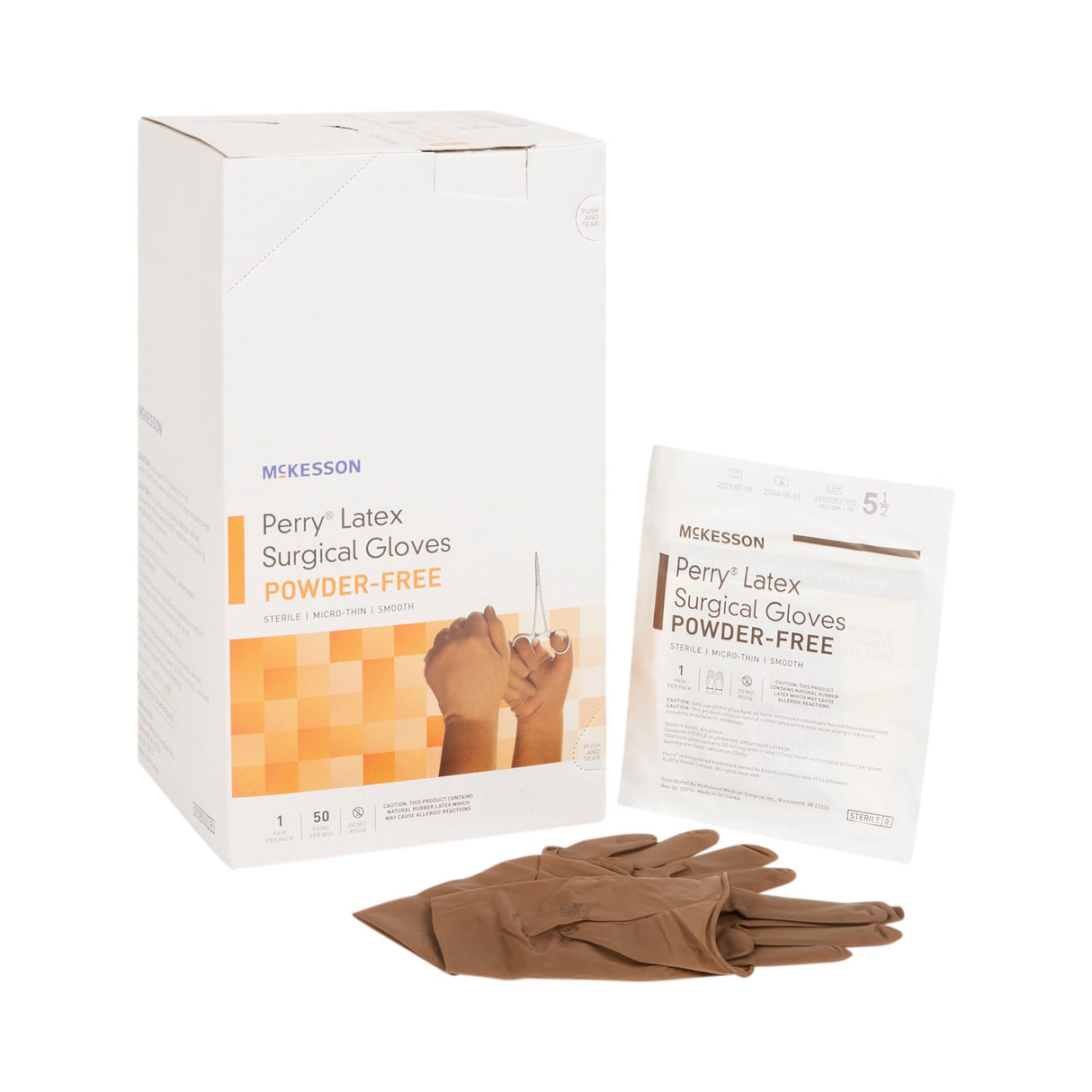 Surgical Glove McKesson Perry® Size 5.5 Sterile Latex Standard Cuff Length Smooth Brown Not Chemo Approved - BeHope