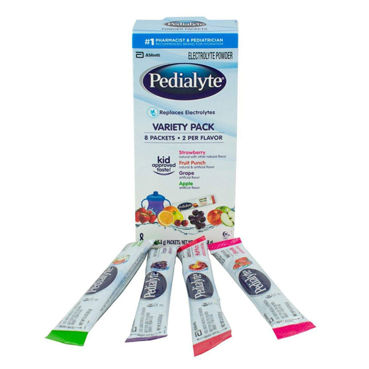 Oral Electrolyte Solution Pedialyte® Powder Packs Fruit Punch / Grape / Apple / Strawberry Flavor 0.3 oz. - BeHope