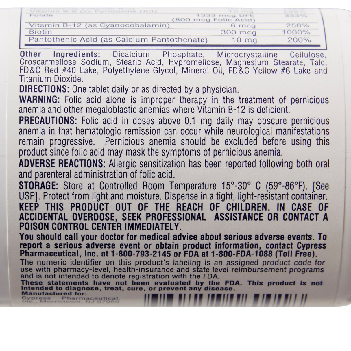 Multivitamin Supplement Rena-Vite Folic Acid / Vitamin B 0.8 mg Strength Tablet 100 per Bottle - BeHope