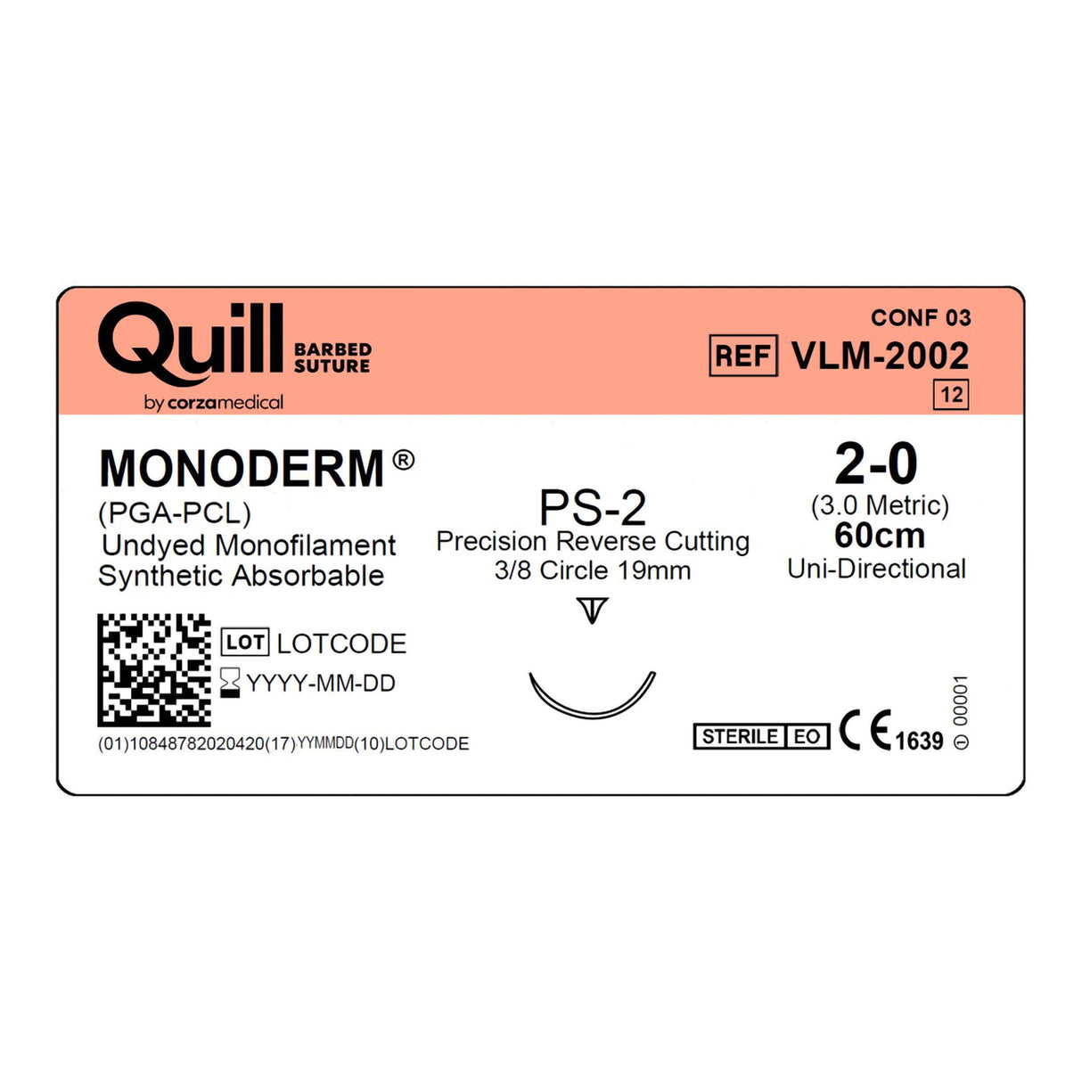 Absorbable Quill Barbed Suture with Needle Quill™ Monoderm™ Polyglycolic Acid / PCL PS-2 3/8 Circle Reverse Cutting Needle Size 2-0 Barbed Monofilament - BeHope