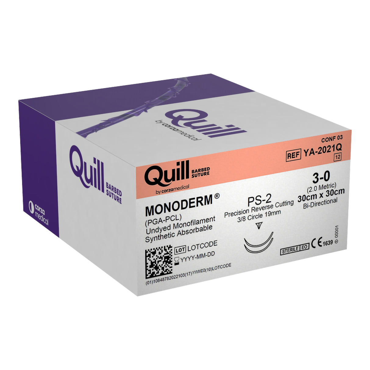 Absorbable Suture with Needle Quill™ Monoderm™ Polyglycolic Acid / PCL PS-2 3/8 Circle Precision Reverse Cutting Needle Size 3-0 Barbed Monofilament - BeHope