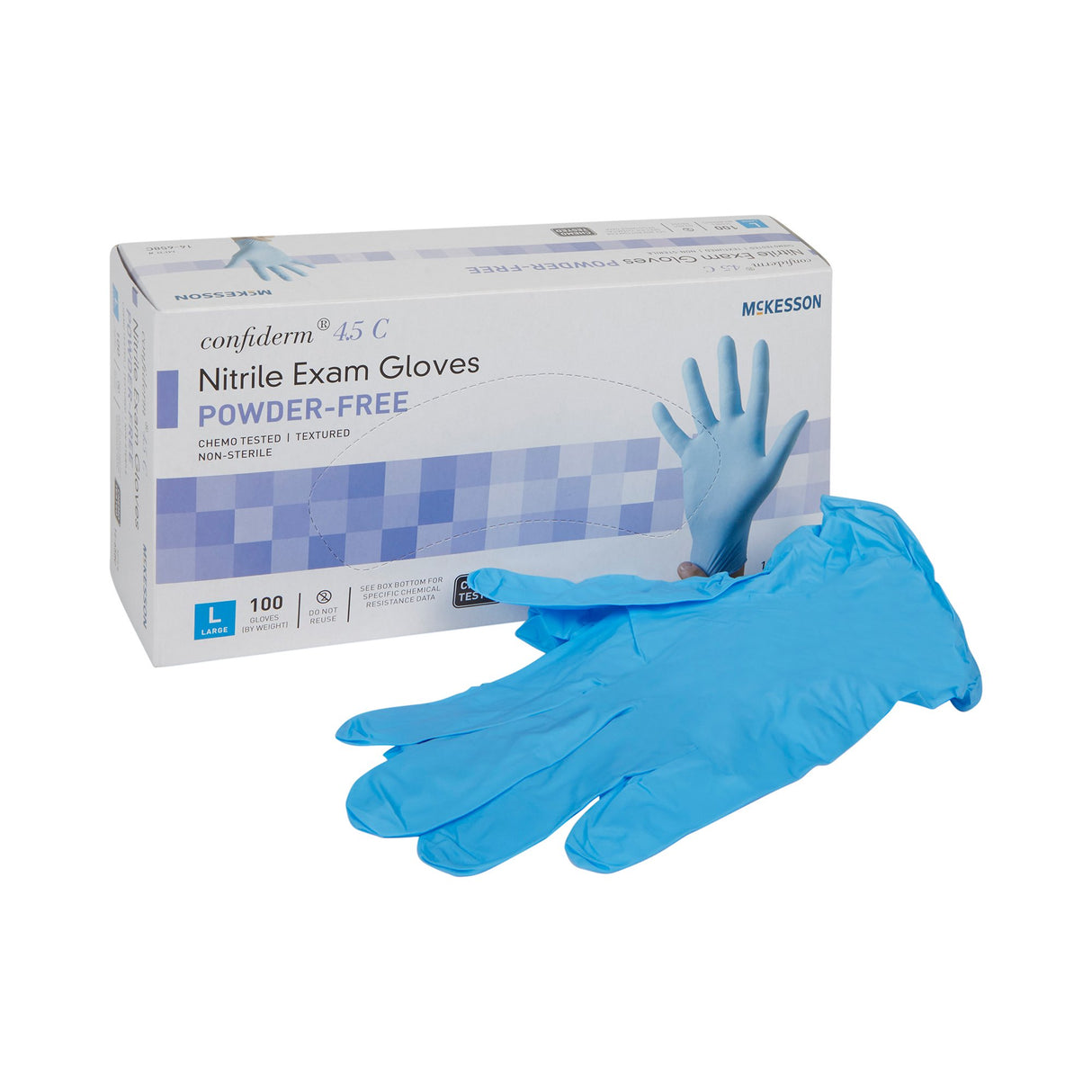 Exam Glove McKesson Confiderm® 4.5C Large NonSterile Nitrile Standard Cuff Length Textured Fingertips Blue Chemo Tested - BeHope