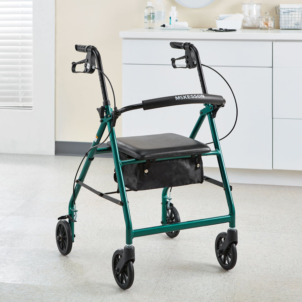 4 Wheel Rollator McKesson Green Adjustable Height / Folding Aluminum Frame - BeHope