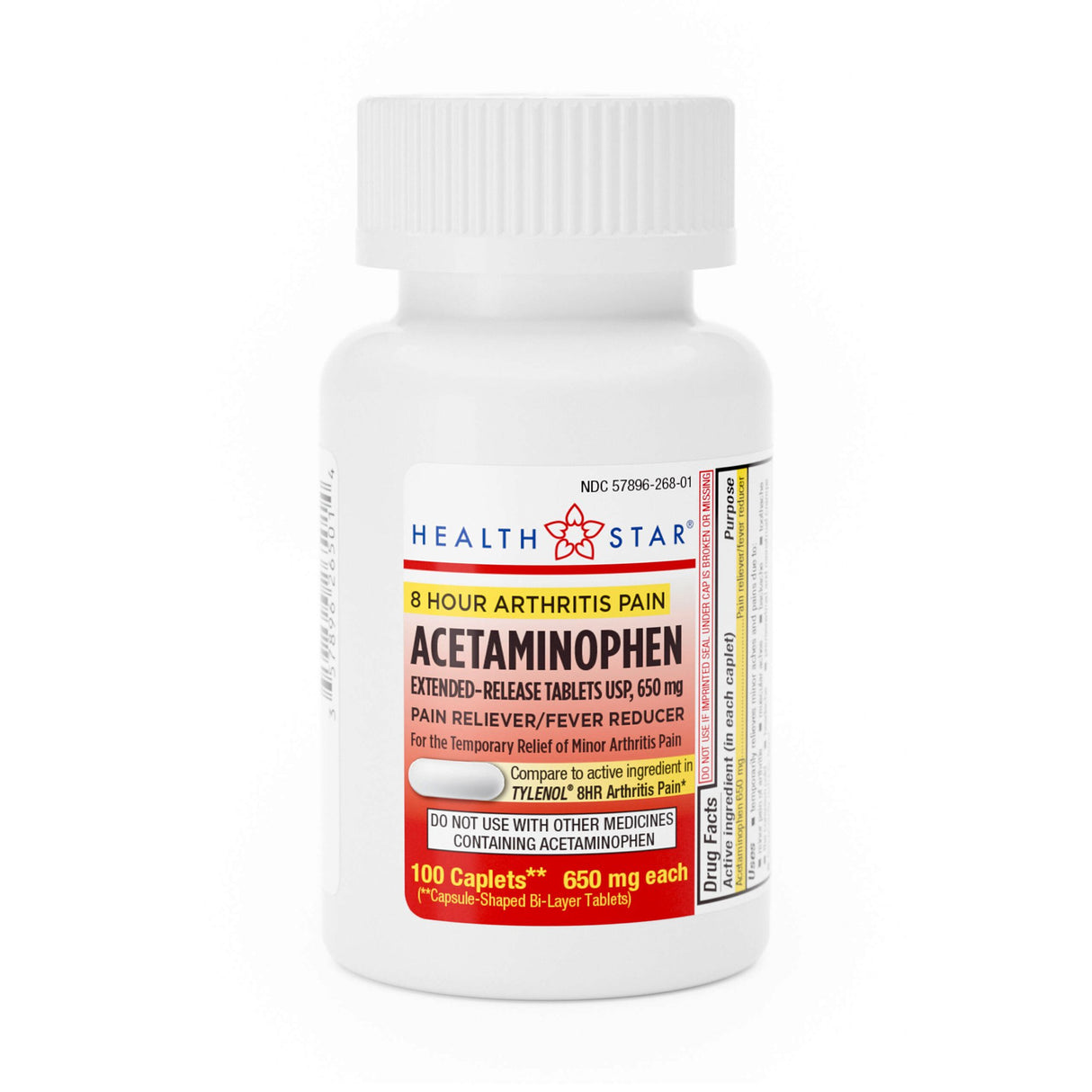 Pain Relief HEALTH STAR® 650 mg Strength Acetaminophen Tablet 100 per Bottle - BeHope