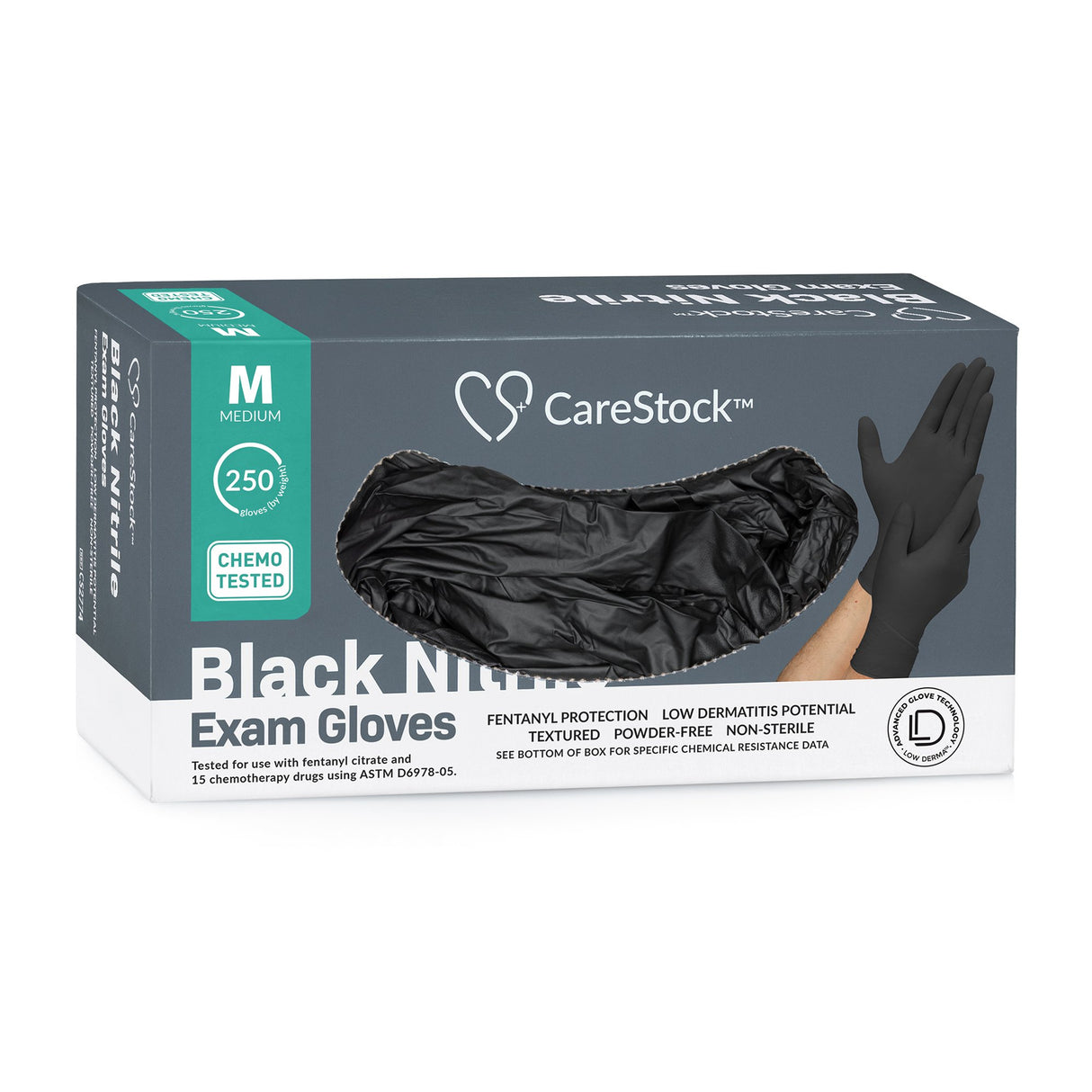 Exam Glove CareStock™ Medium NonSterile Nitrile Standard Cuff Length Fully Textured Black Not Rated - BeHope