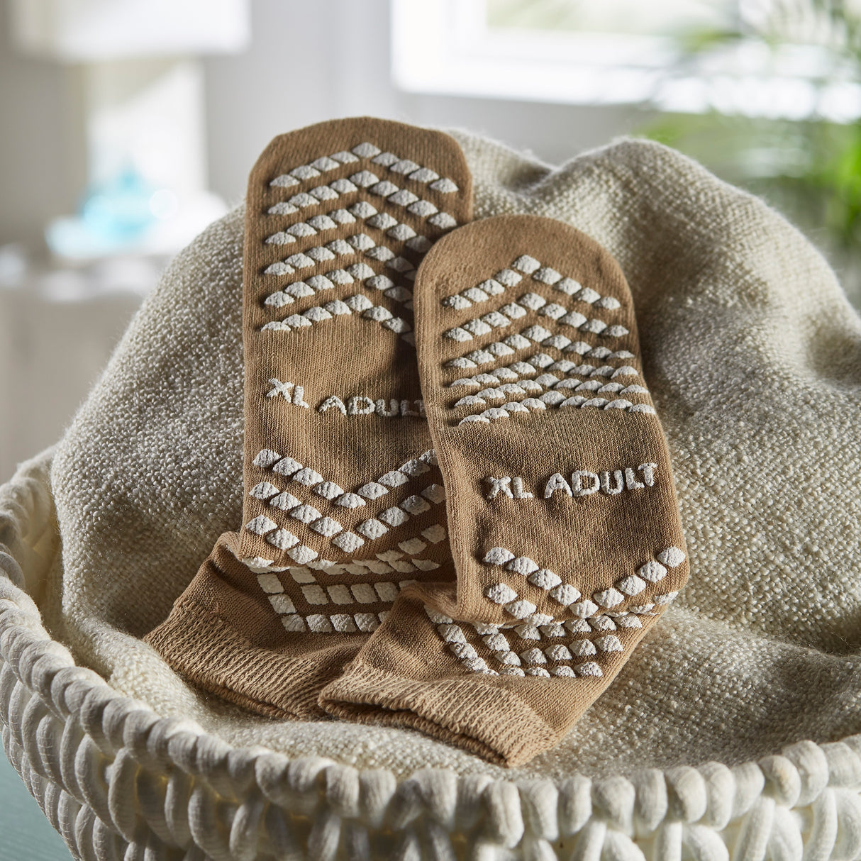 Slipper Socks McKesson Unisex Adult X-Large Single Tread Single Patient Use Tan - BeHope