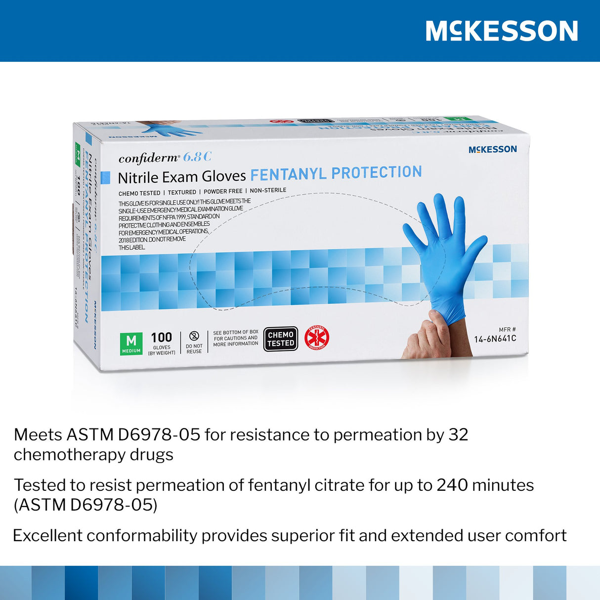 Exam Glove McKesson Confiderm® 6.8C Medium NonSterile Nitrile Standard Cuff Length Fully Textured Blue Chemo Tested / Fentanyl Tested - BeHope