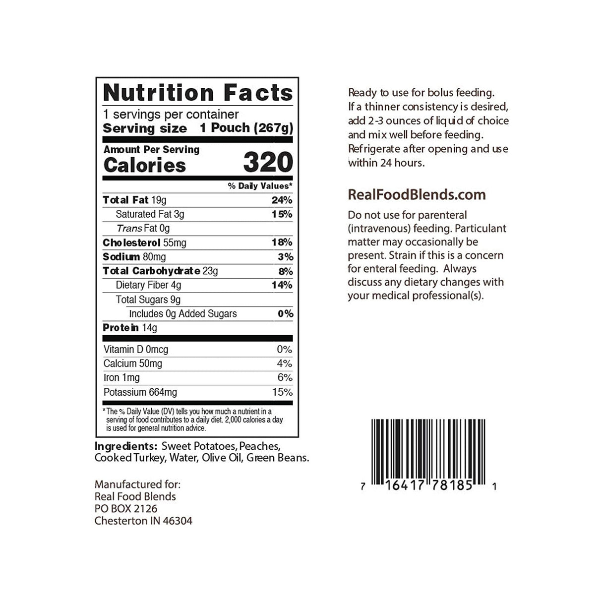 Tube Feeding Formula Real Food Blends® Turkey / Sweet Potatoes / Peaches Flavor Liquid 9.4 oz. Pouch - BeHope
