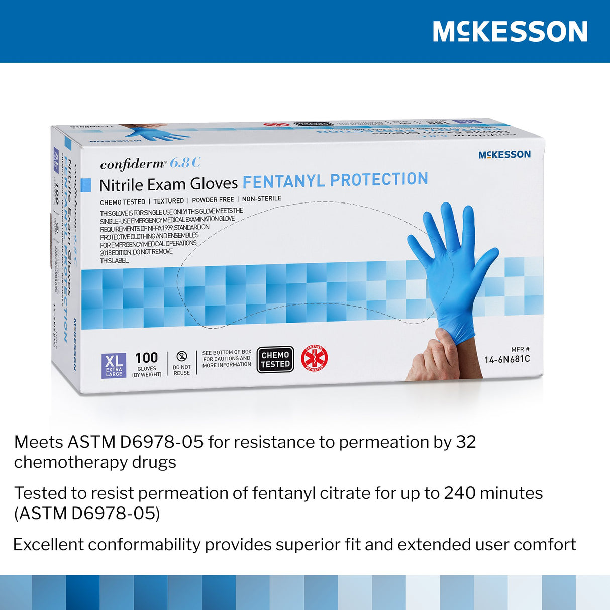 Exam Glove McKesson Confiderm® 6.8C X-Large NonSterile Nitrile Standard Cuff Length Fully Textured Blue Chemo Tested / Fentanyl Tested - BeHope