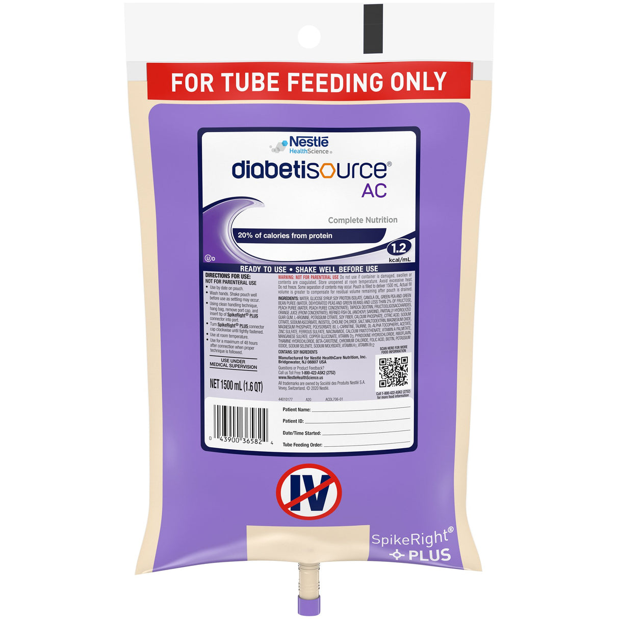 Tube Feeding Formula Diabetisource® AC Unflavored Liquid 1500 mL Ready to Hang Prefilled Container - BeHope