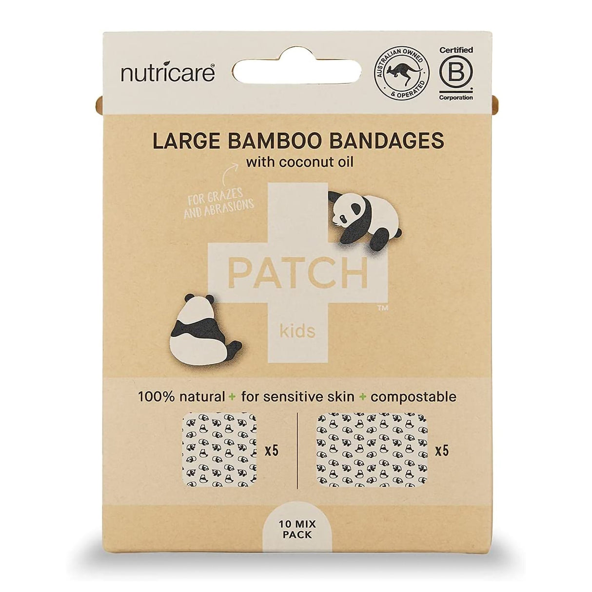 Adhesive Strip Patch™ Kids Bamboo / Coconut Oil Kid Design (Pandas) 2 X 3 Inch / 3 X 3 Inch Sterile - BeHope