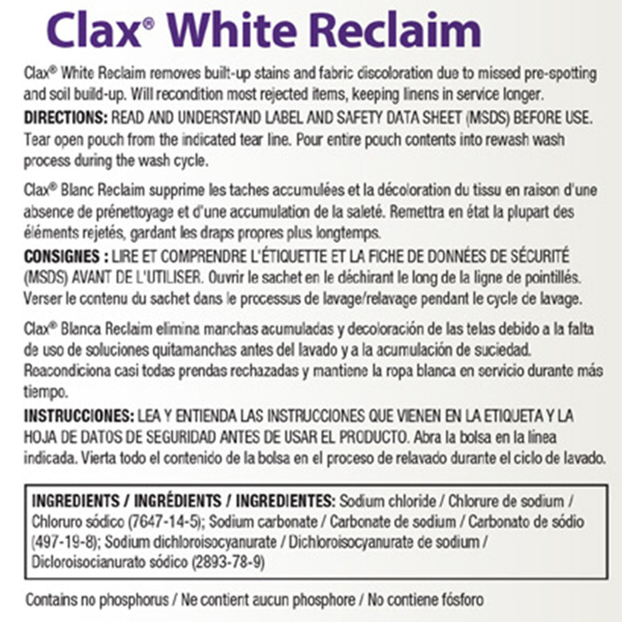 Laundry Stain Remover Clax® White Reclaim 1 lbs. Bag Powder Chlorine Scent - BeHope