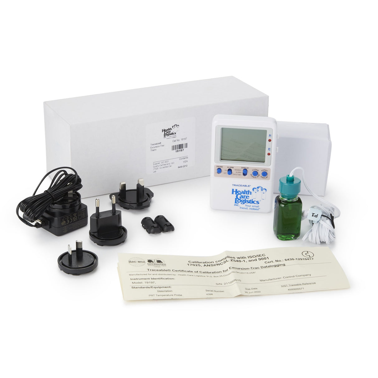 Datalogging Thermometer with Alarm Traceable® Excursion-Trac™ Fahrenheit / Celsius -58° to +158°F (-50° to +70°C) Bottle Probe Desk / Wall / Door Mount AC Adaptor / Battery Backup - BeHope