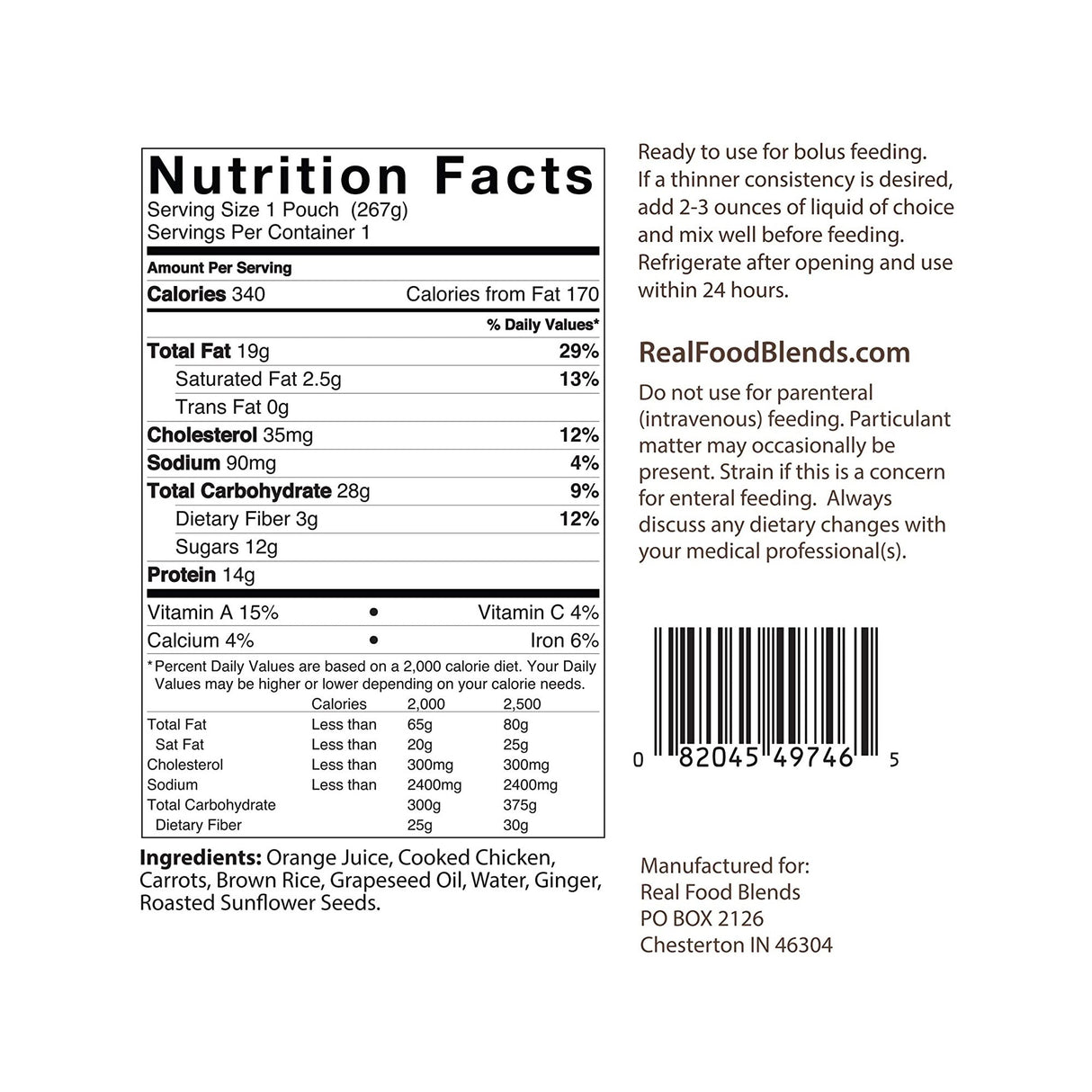 Tube Feeding Formula Real Food Blends® Chicken / Carrots / Brown Rice Flavor Liquid 9.4 oz. Pouch - BeHope
