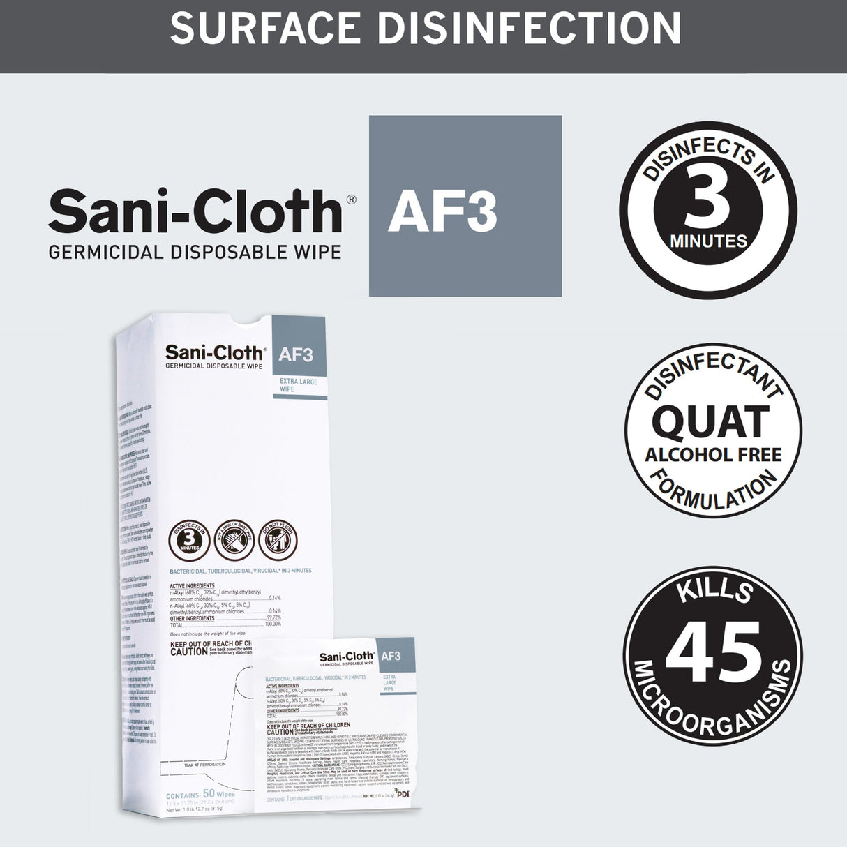 Surface Disinfectant Cleaner Sani-Cloth® AF3 Premoistened Germicidal Manual Pull Wipe 50 Count Individual Packet Mild Scent NonSterile - BeHope
