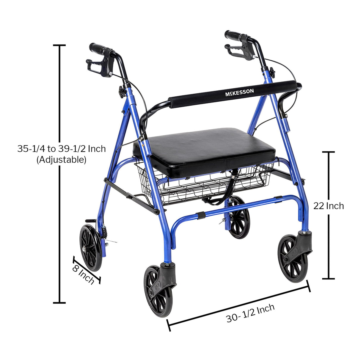 Bariatric 4 Wheel Rollator McKesson Blue Adjustable Height / Folding Steel Frame - BeHope