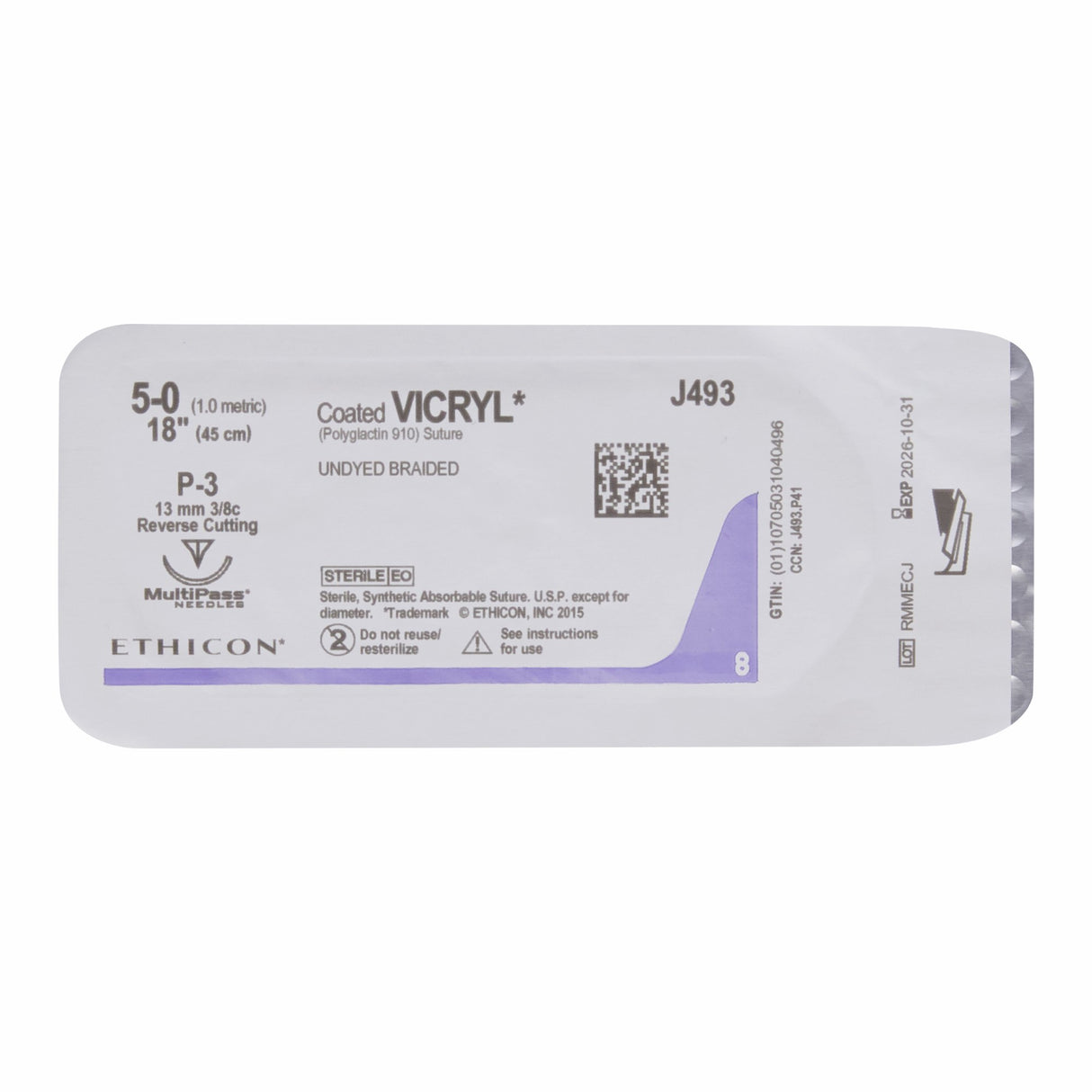 Absorbable Suture with Needle Coated Vicryl™ Polyglactin 910 P-3 3/8 Circle Precision Reverse Cutting Needle Size 5-0 Braided - BeHope