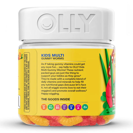 Dietary Supplement OLLY® Kids Multi Gummy Worms Vitamin A / B6 / B12 / C / D / E / Zinc 150 mcg - 0.5 mg - 1.2 mcg - 15 mg - 10 mcg - 3.75 mg - 0.75 mg Strength Gummy 70 per Bottle Sour Fruity Punch Flavor - BeHope