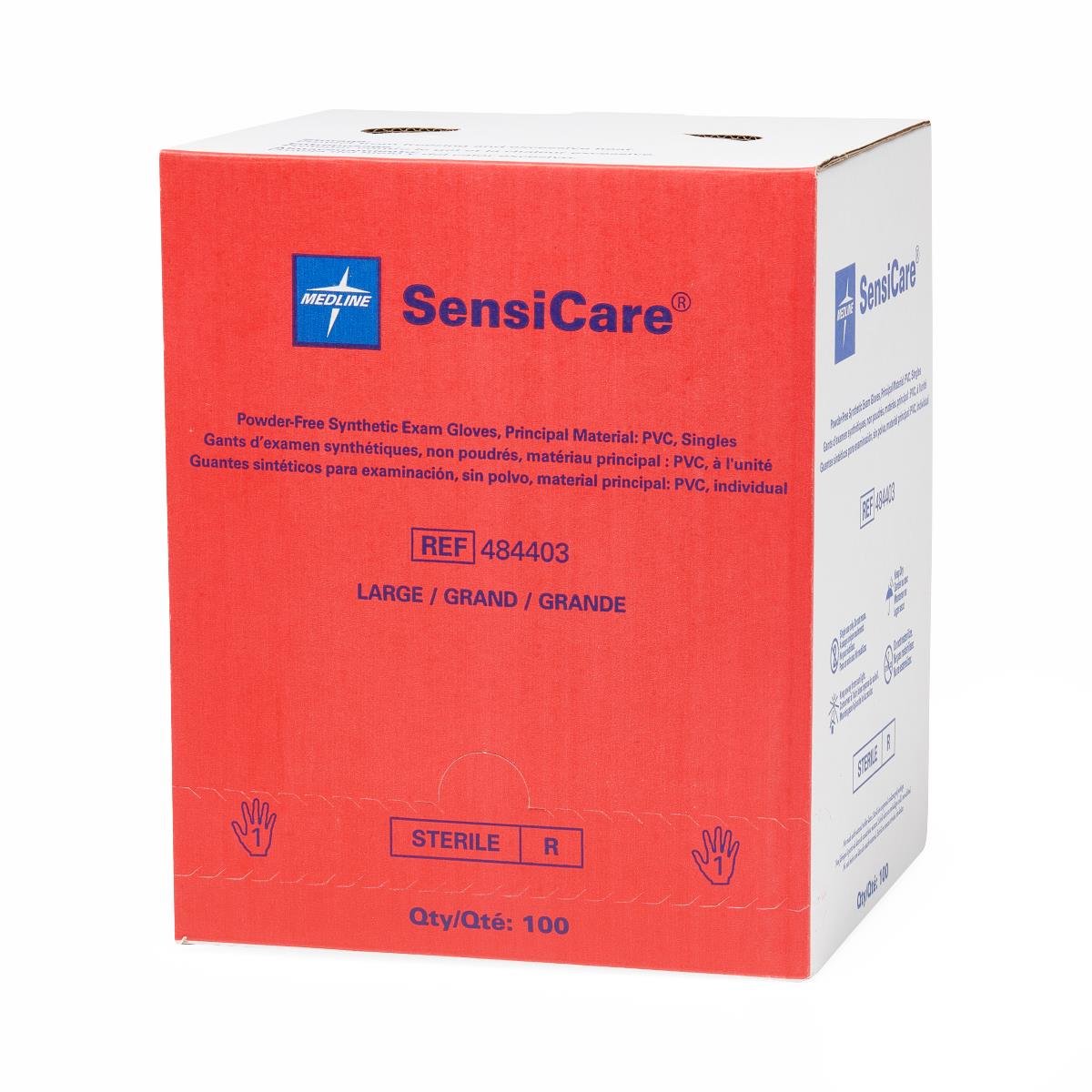 Sensicare powder-free stretch vinyl sterile exam gloves, hand wearing glove.