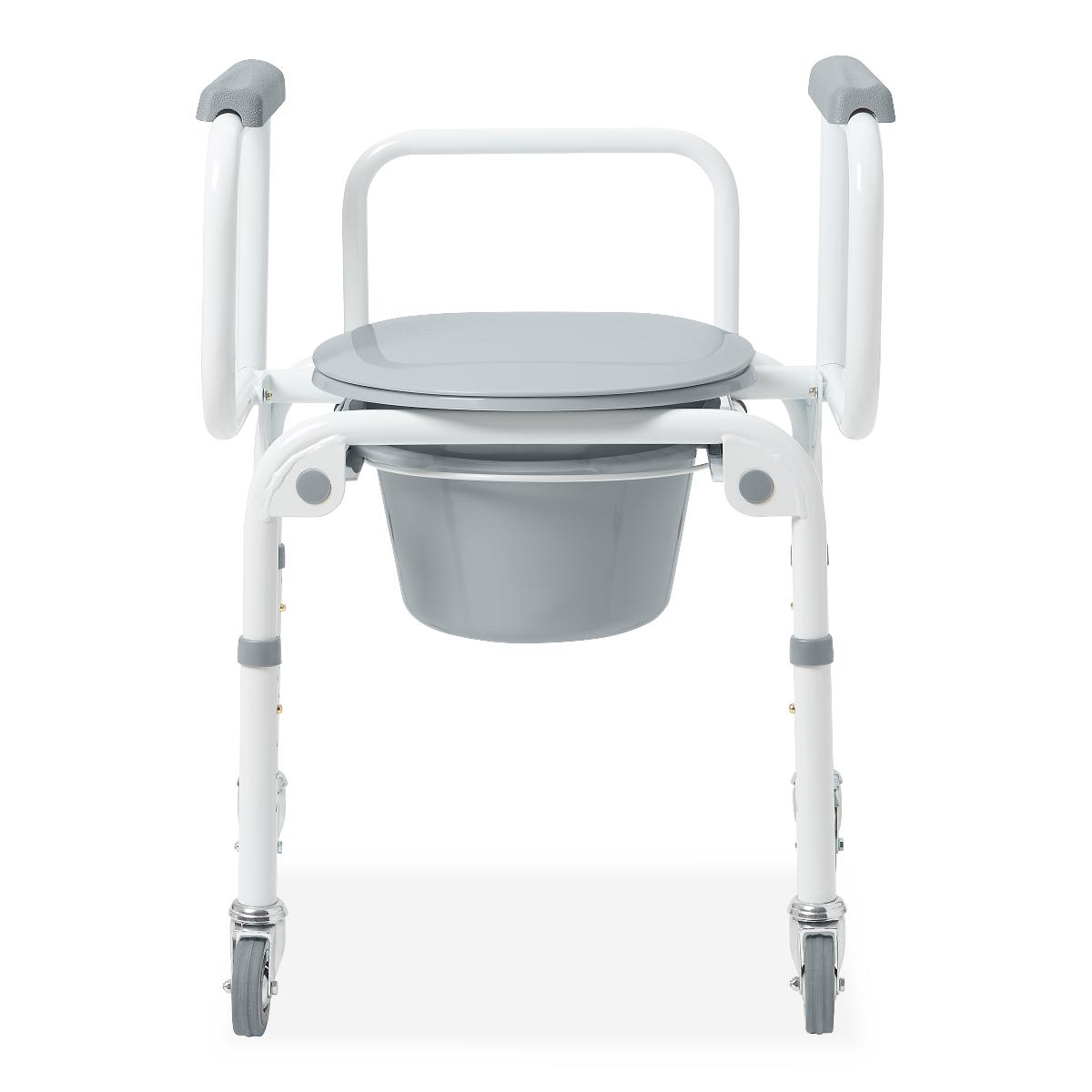 Medline Steel Drop-arm Commode, side view highlighting steel frame construction.