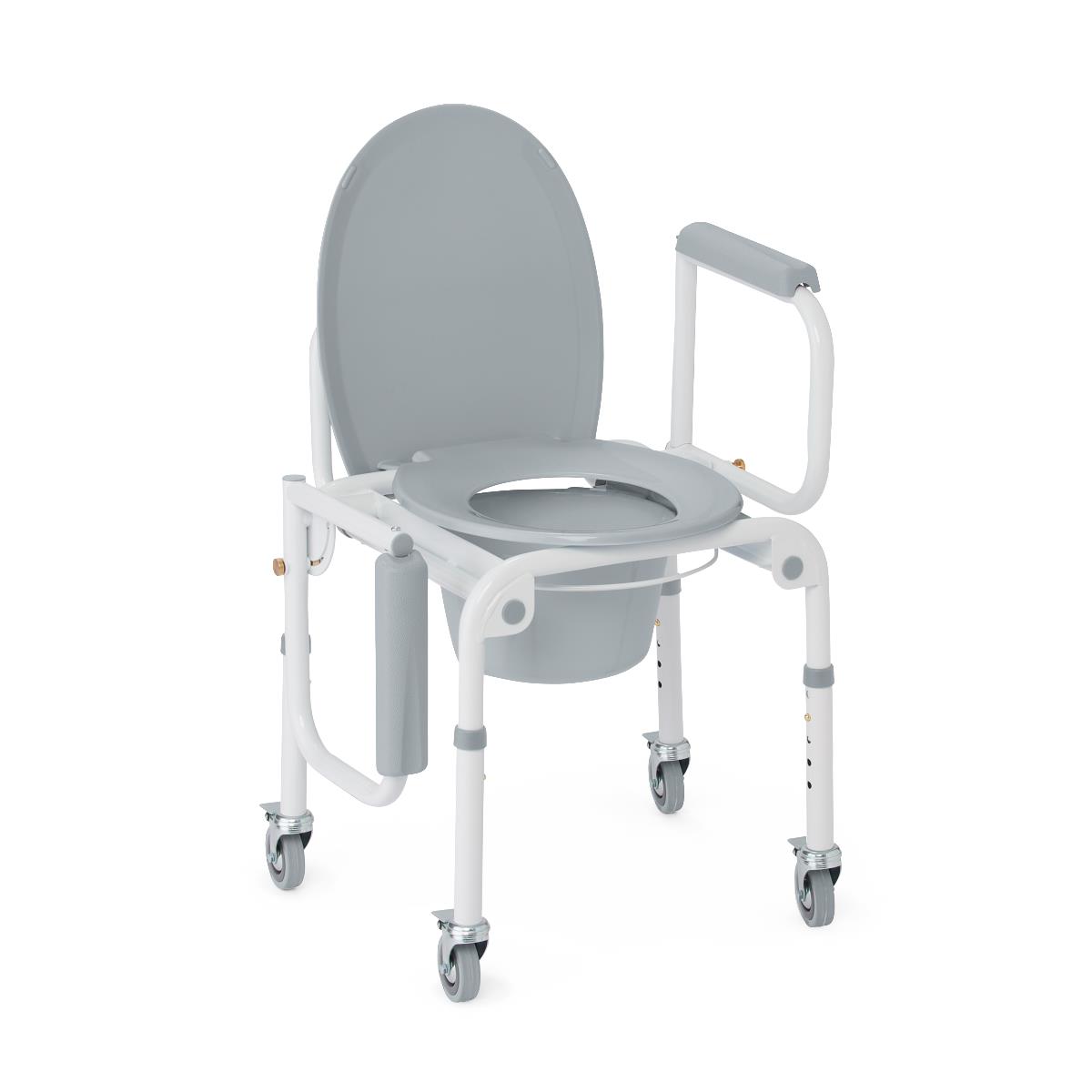 Medline Steel Drop-arm Commode, with one arm lowered for patient access.