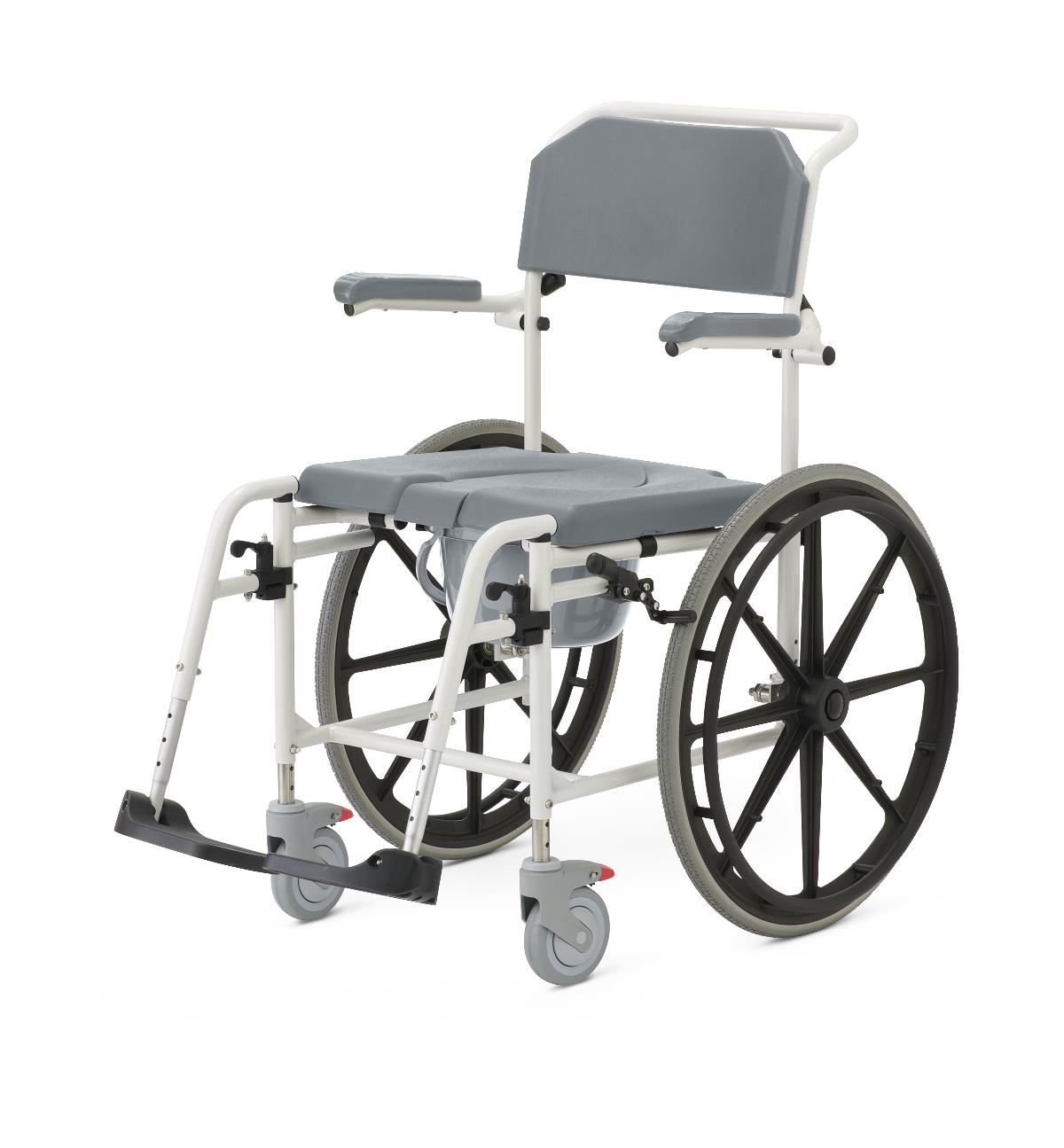 Aluminum shower commode wheelchair, detailed view of a wheel with brake.