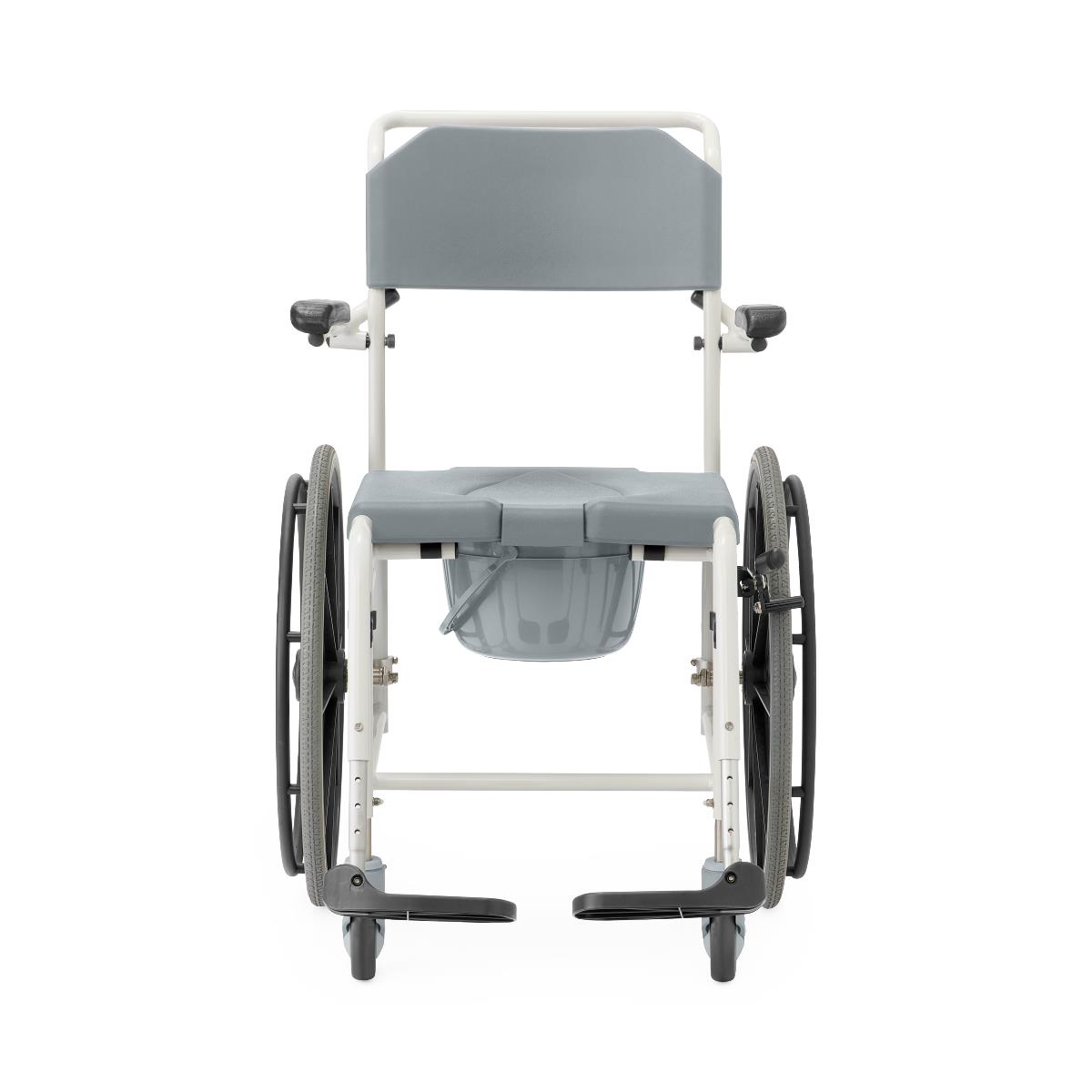 Aluminum shower commode wheelchair, front view, showing seat and commode opening.