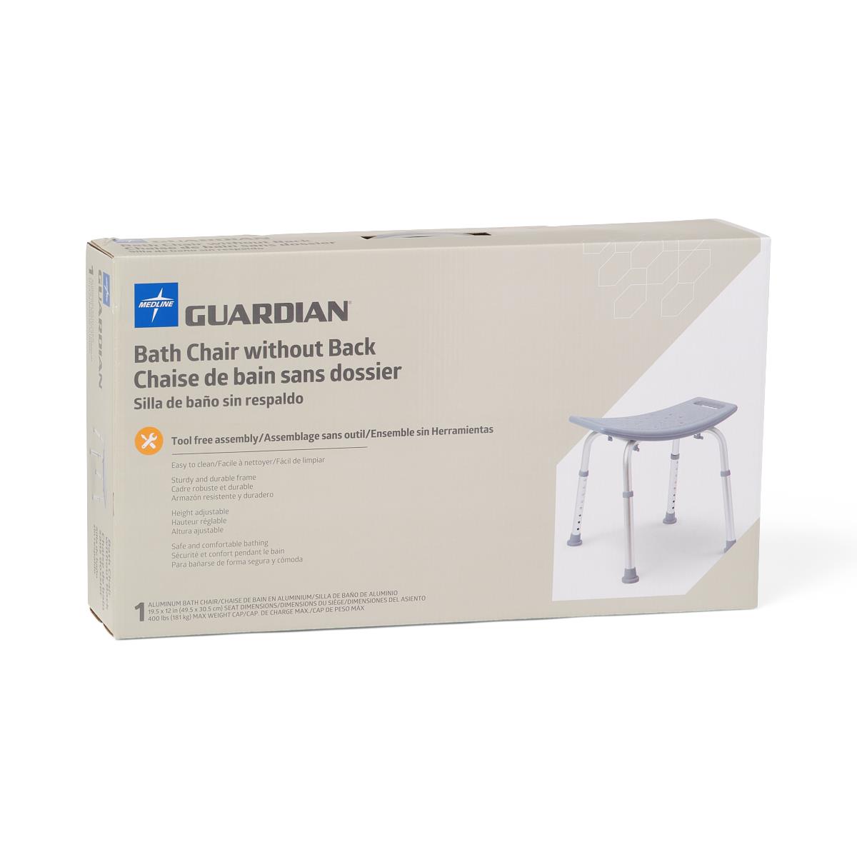 Medline Guardian shower chair/bench without back, in a bathroom setting.