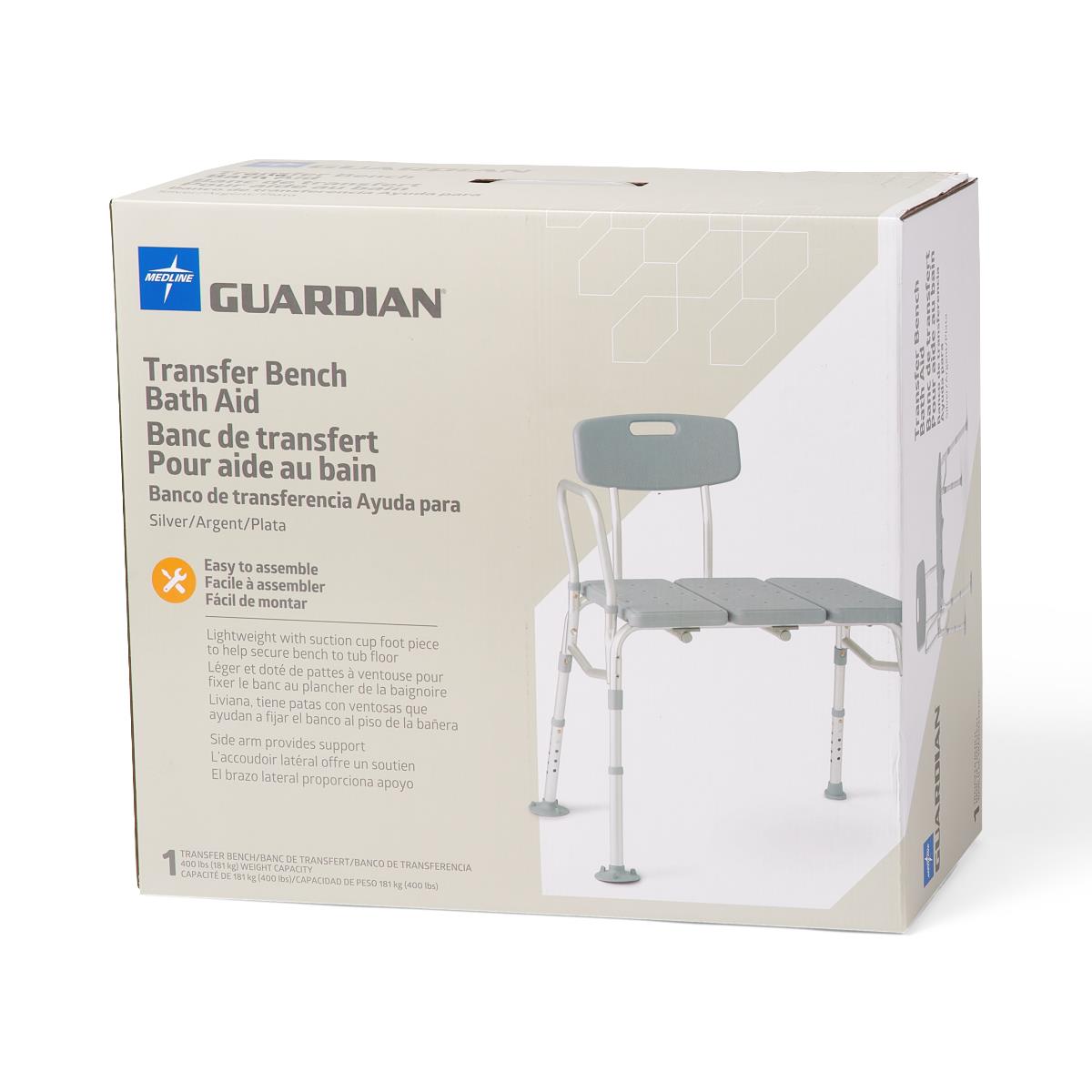 Medline transfer bench with back, side view in a bathroom setting.