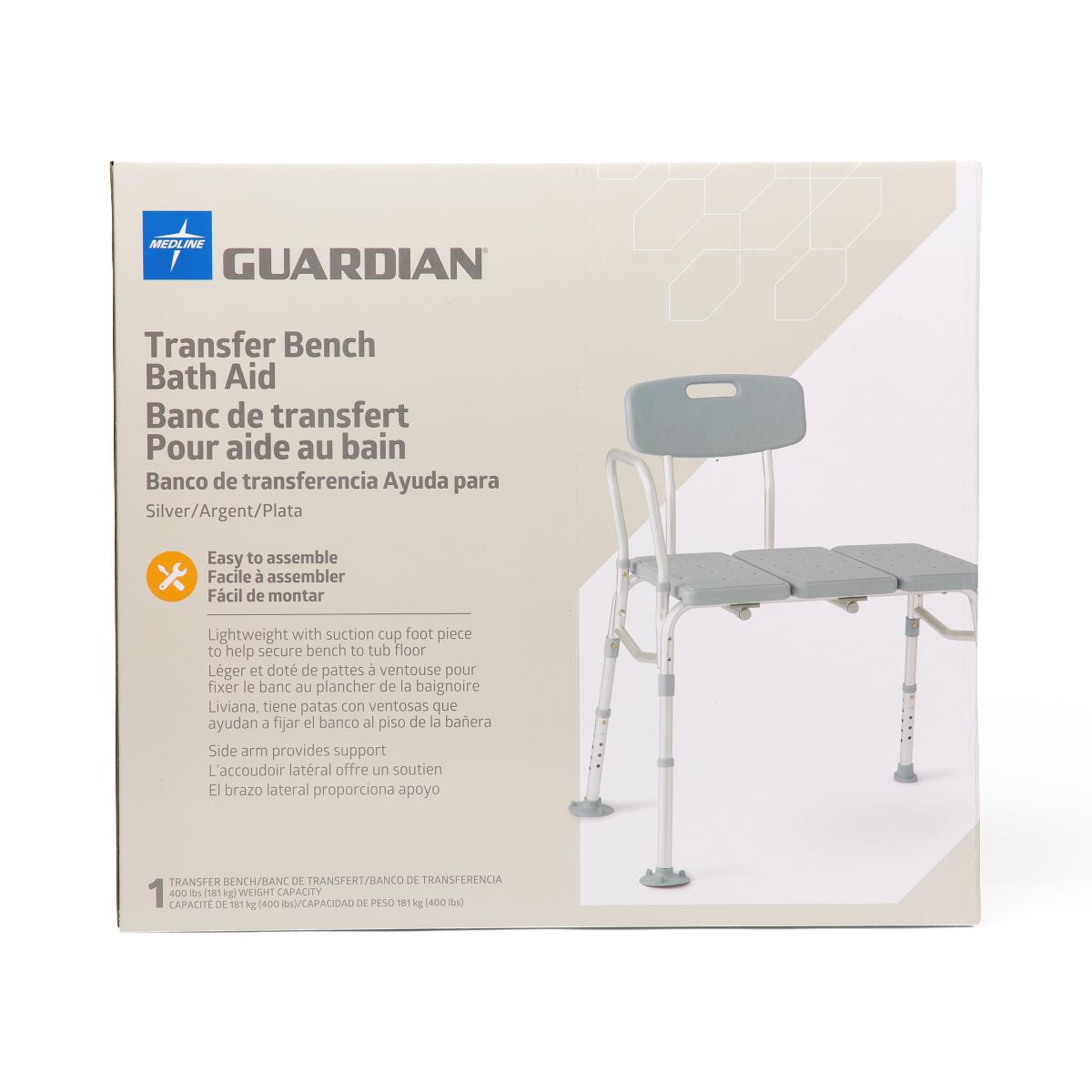 Medline transfer bench with back, showing detailed view of the seat.