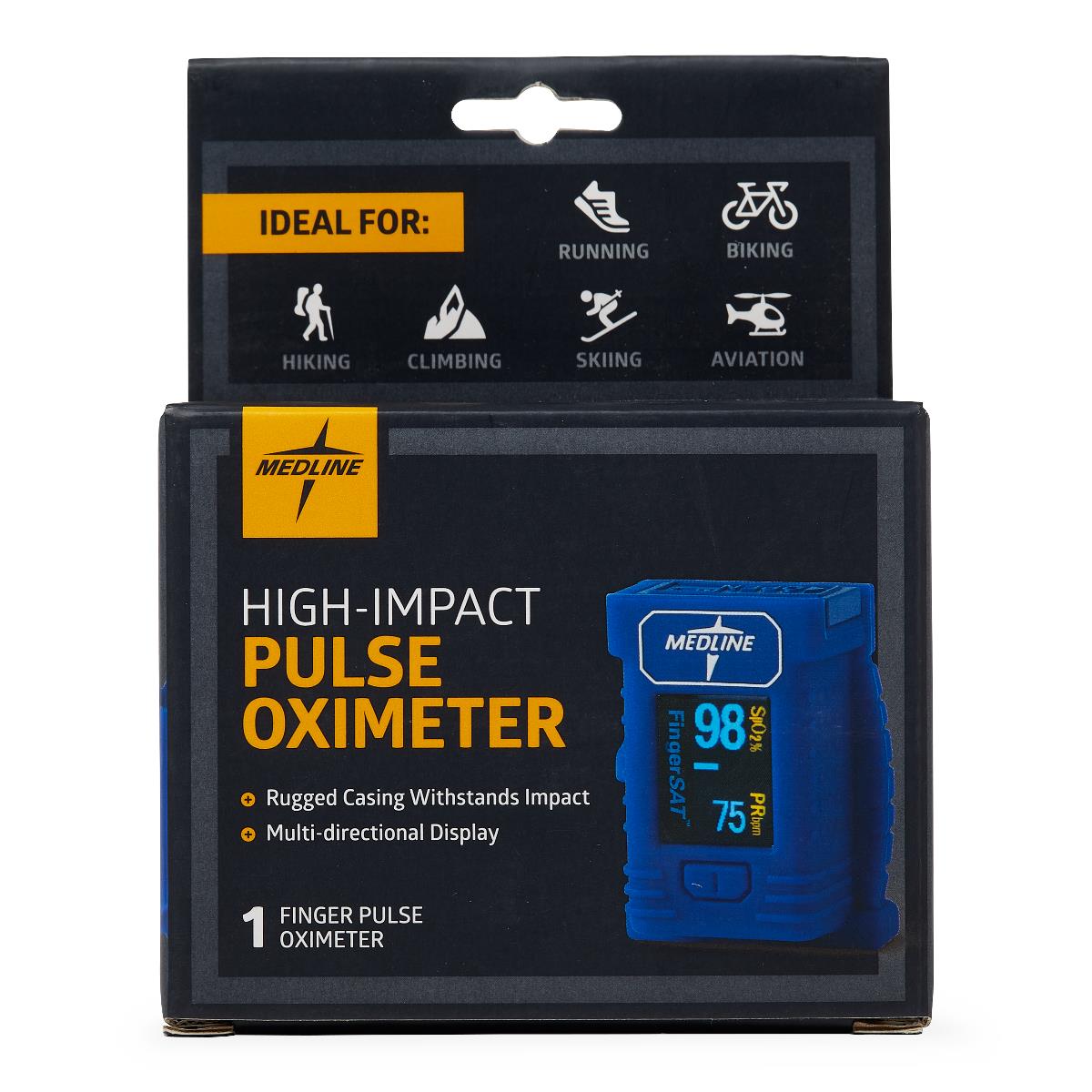 Medline High-impact Finger Pulse Oximeter, in-hand view, demonstrating portability and size.