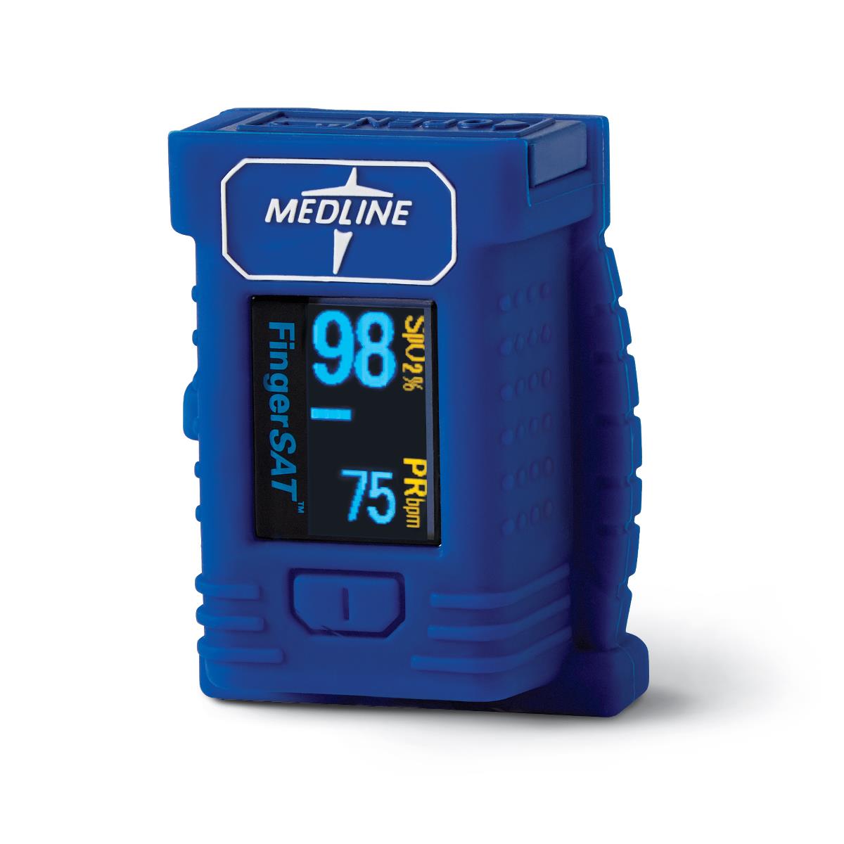 Medline High-impact Finger Pulse Oximeter, back view, showing battery compartment.