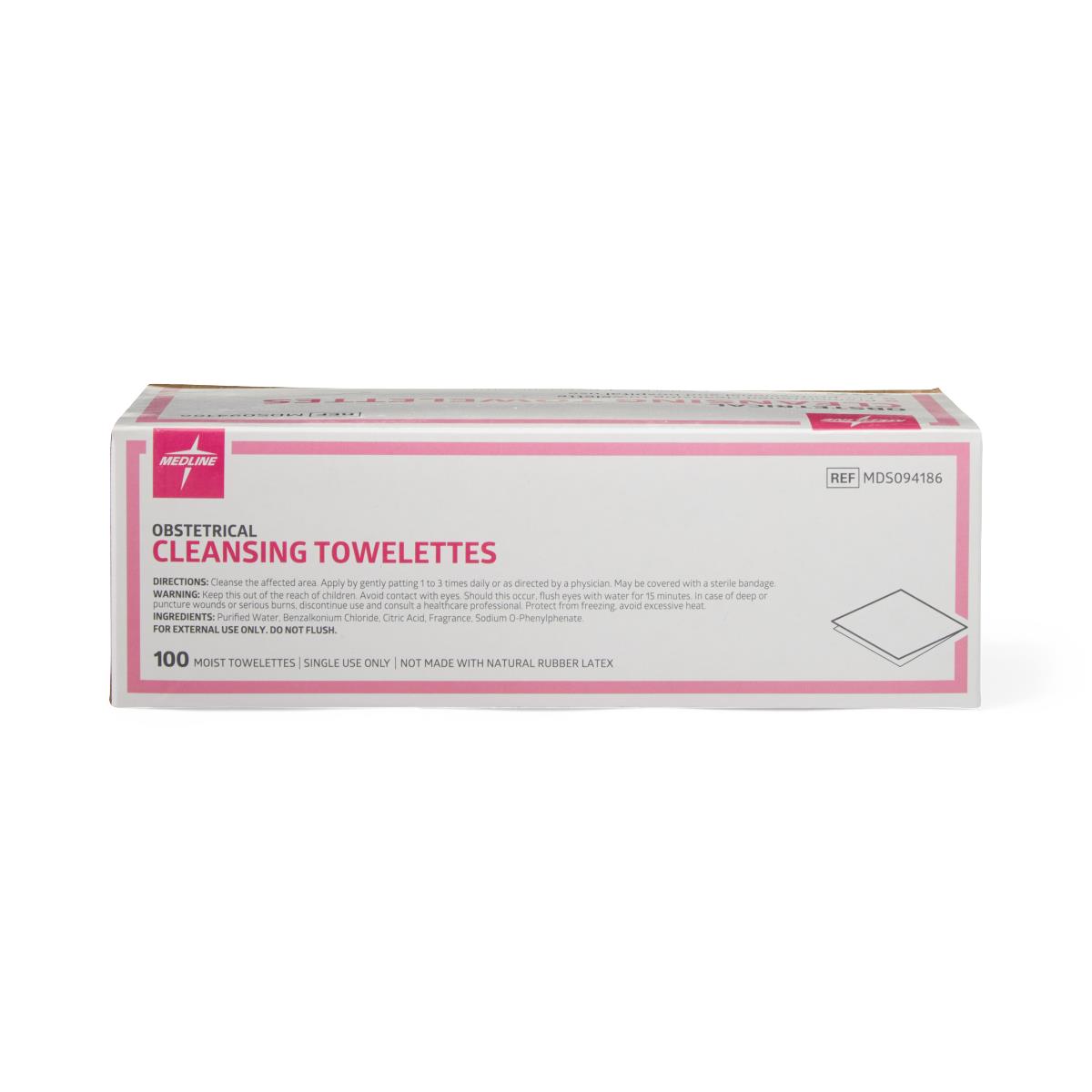Medline Obstetrical Cleaning Towelettes, single towelette unfolded, highlighting material.