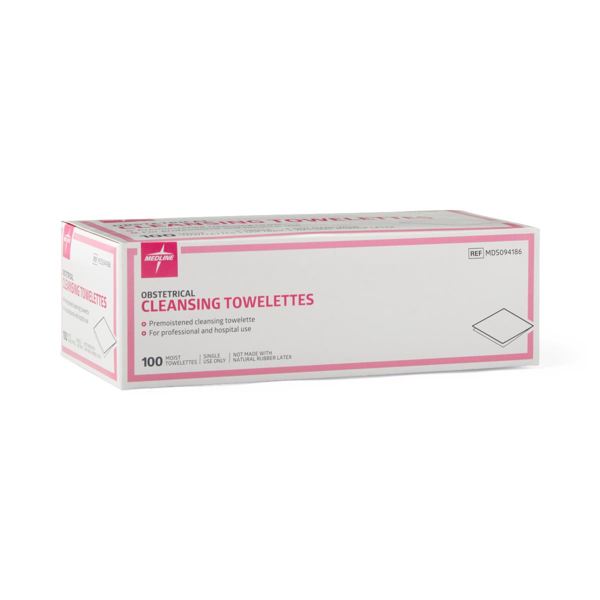 Medline Obstetrical Cleaning Towelettes, packaging details, ingredients, and usage instructions.