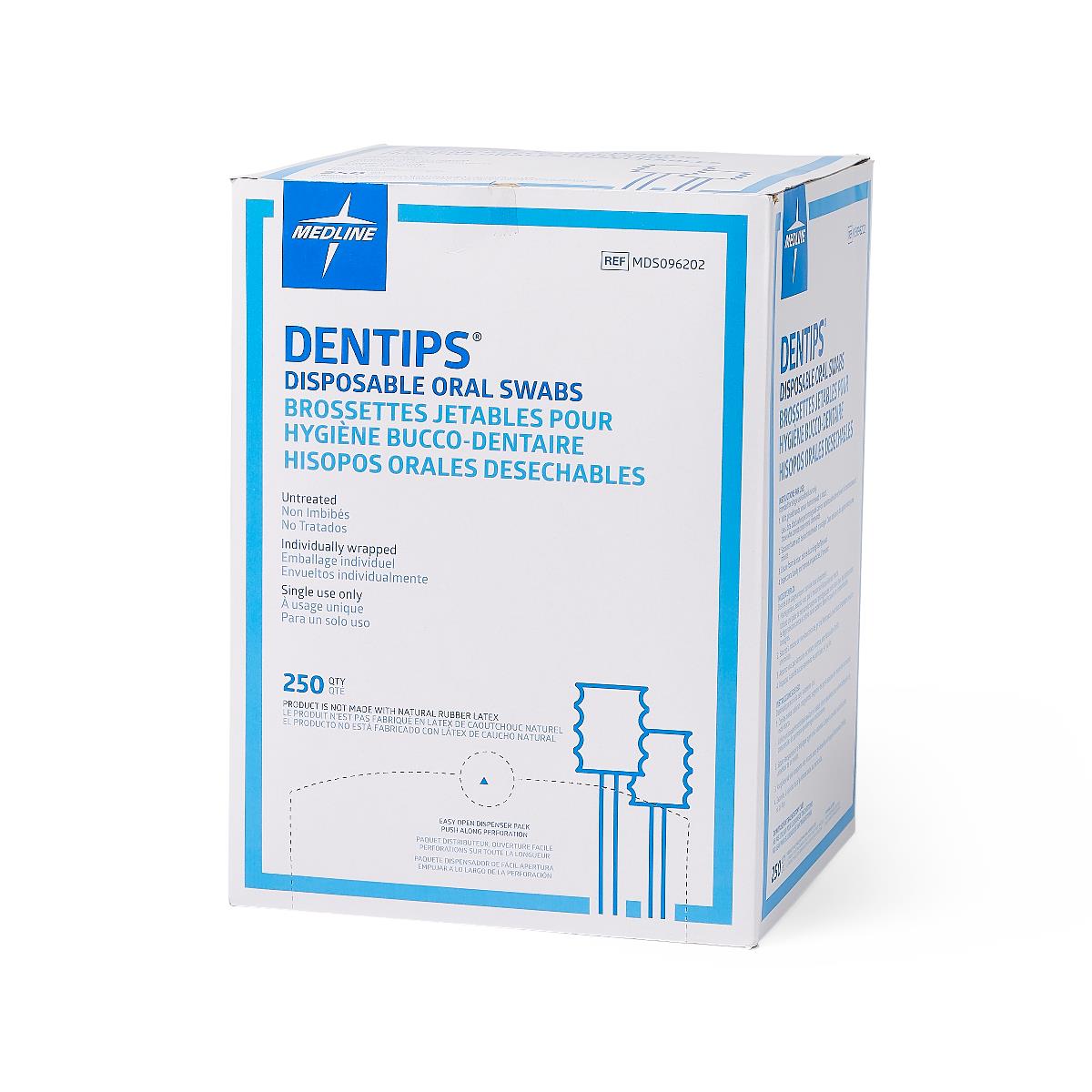 Medline Dentips untreated oral swab sticks, close-up of swab tip.