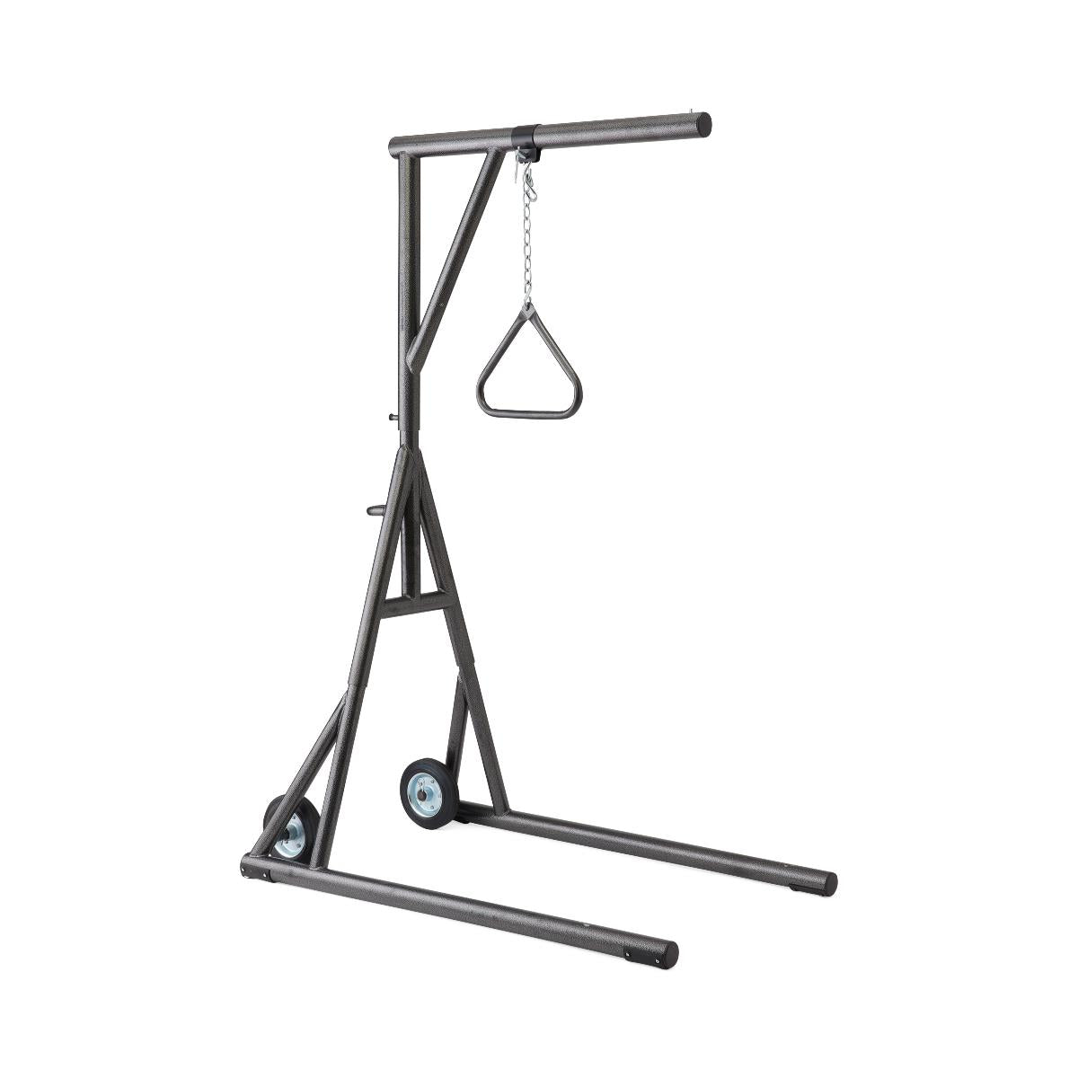 Freestanding bariatric trapeze with wheels, showing the support frame structure.
