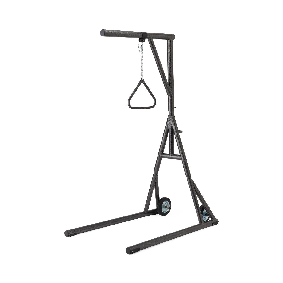 Freestanding bariatric trapeze with wheels, highlighting the height adjustment mechanism.