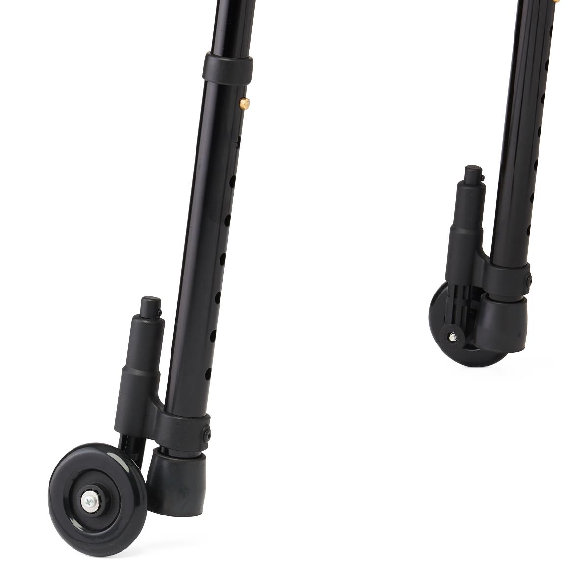 Detail of the 5-inch wheels on the Medline Folding Trigger Walker.