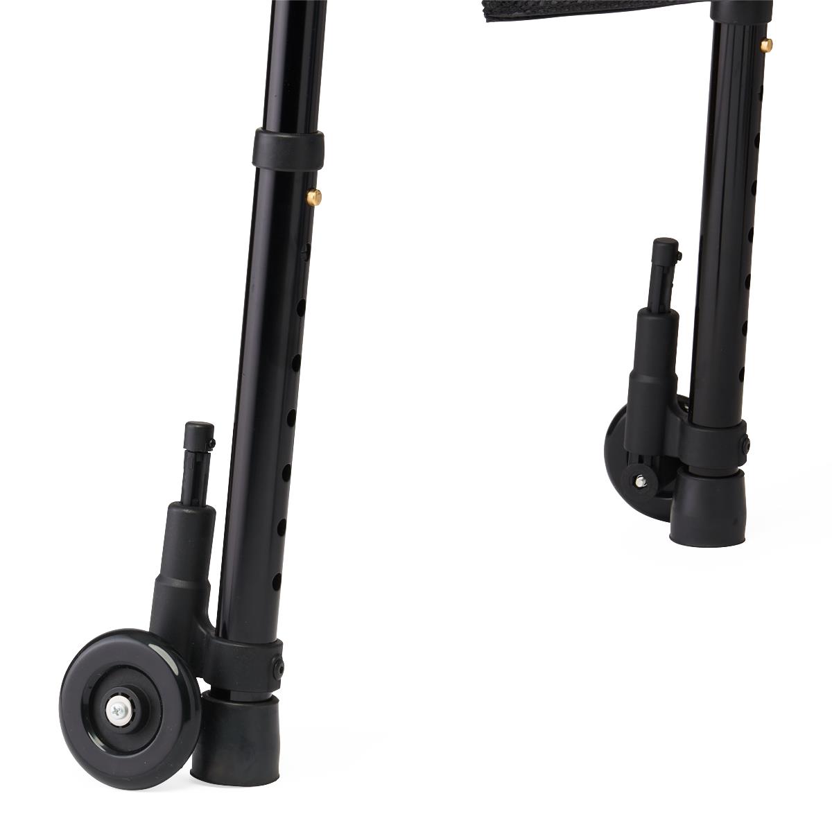 Medline Folding Trigger Walker with 5-inch wheels, folded for storage.
