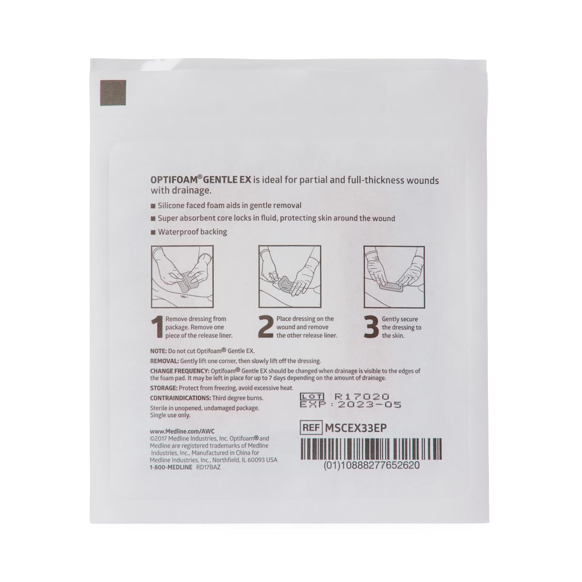 Optifoam Gentle Ex Silicone-faced Foam Dressings, multiple sizes shown