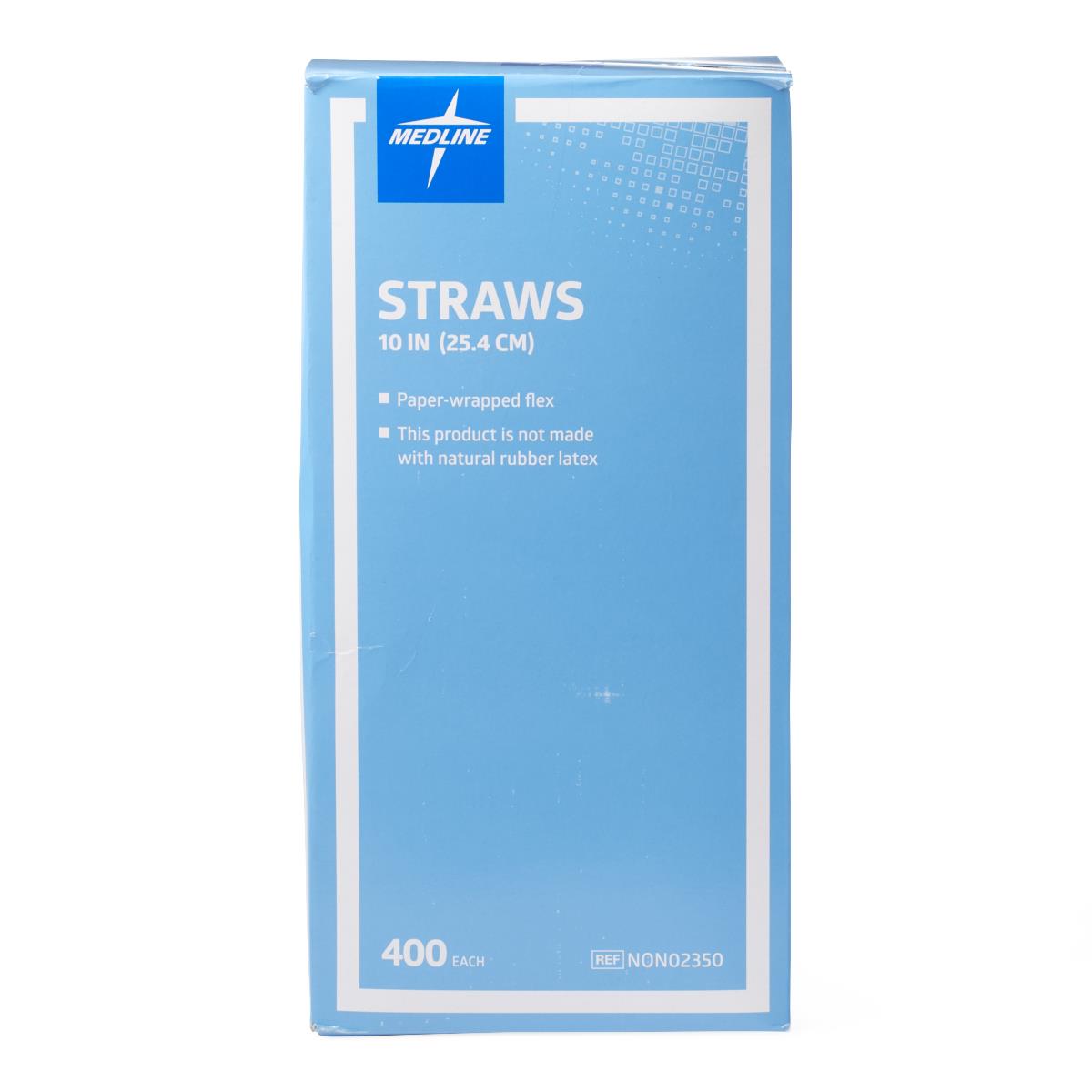 Medline flexible plastic drinking straws, angled view of the box