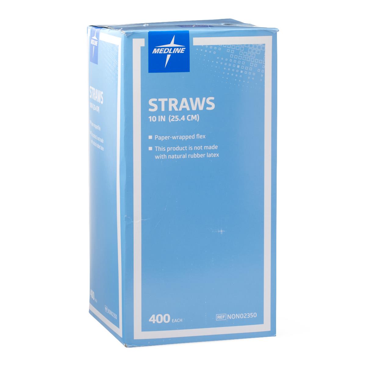 Close-up of Medline flexible plastic drinking straws in a box